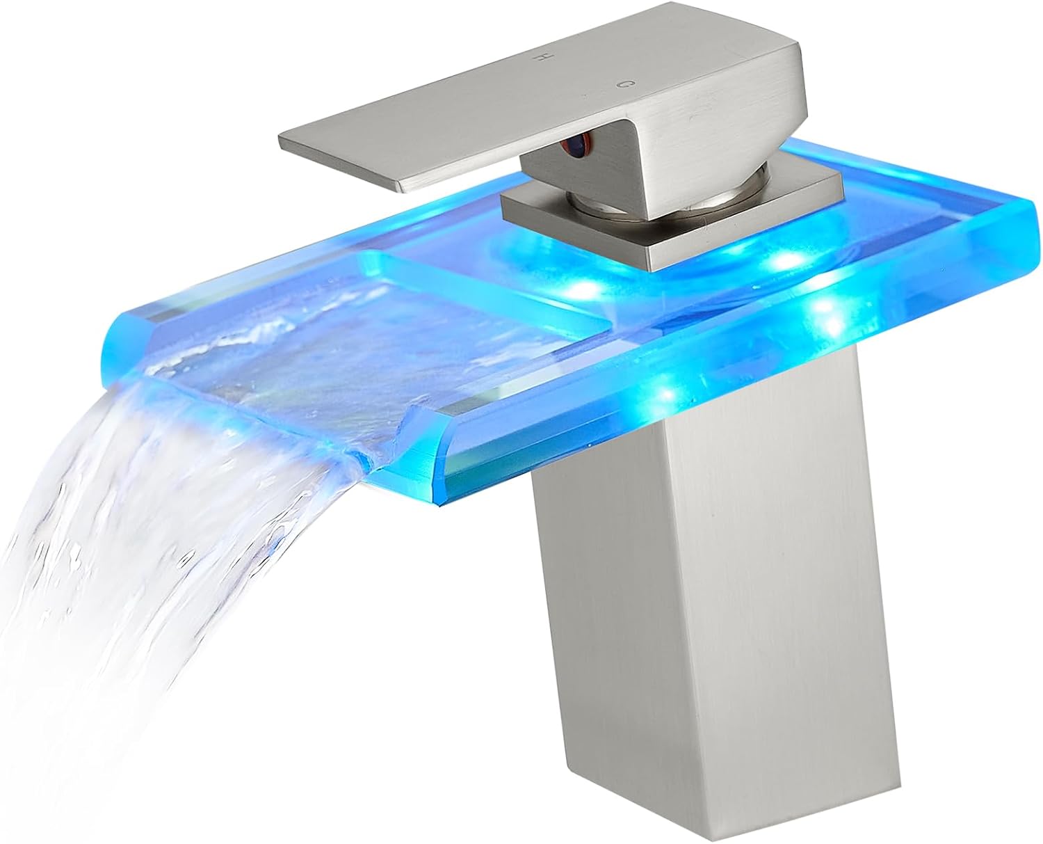 Bathroom Sink Faucet LED Light 3 Colors Changing Waterfall Glass Spout Hot Cold Water Mixer Single Handle One Hole Deck Mounted Bathroom Faucet Black Lavatory Vanity Basin Bath Plumbing Fixtures