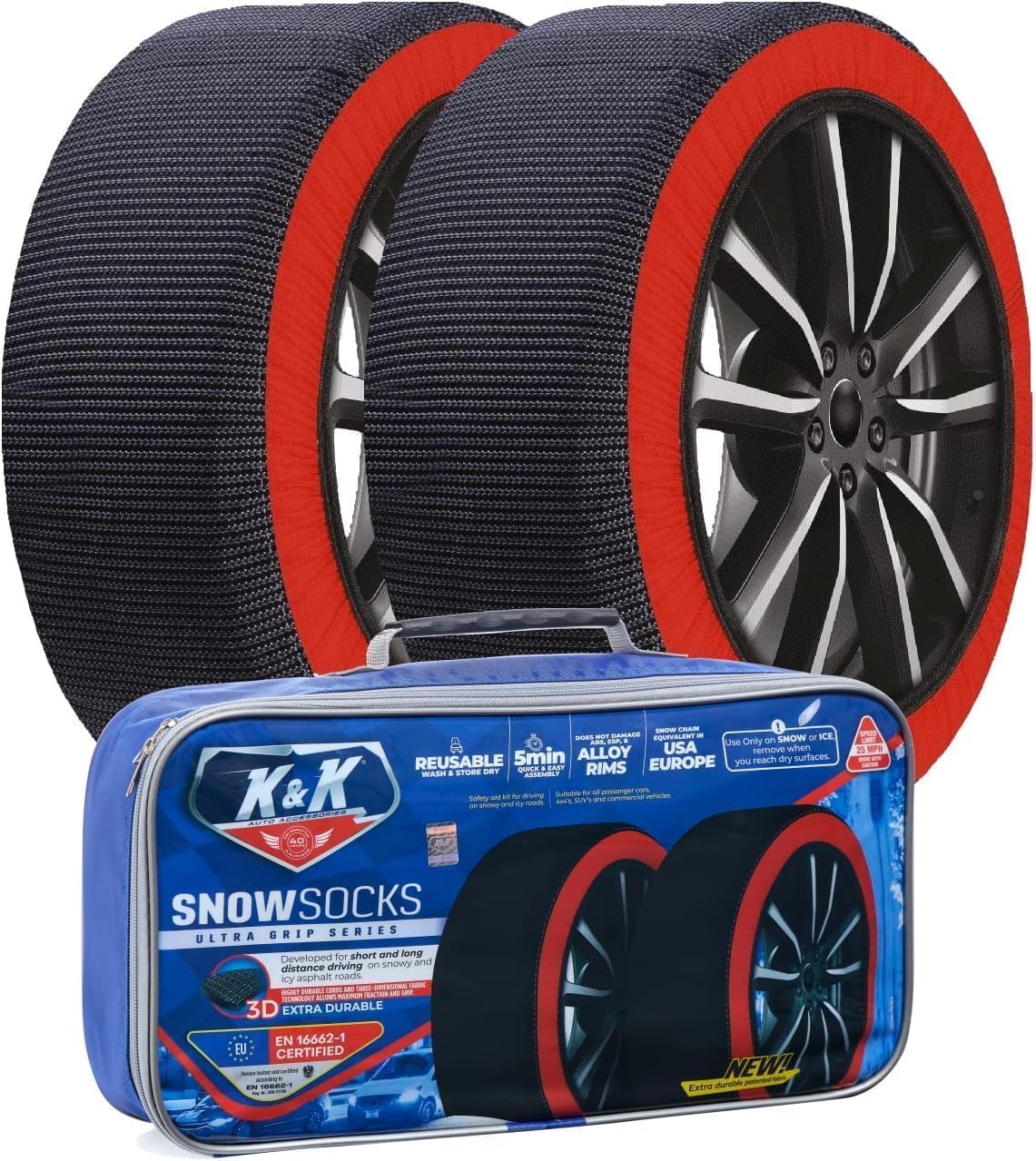 K&K Auto Accessories Snow Socks for Tires - Pro Series for Ultimate Grip Alternative for Tire Snow Chain - Snow Traction Device for Passenger Cars SUVs Trucks Winter Emergency (Large)