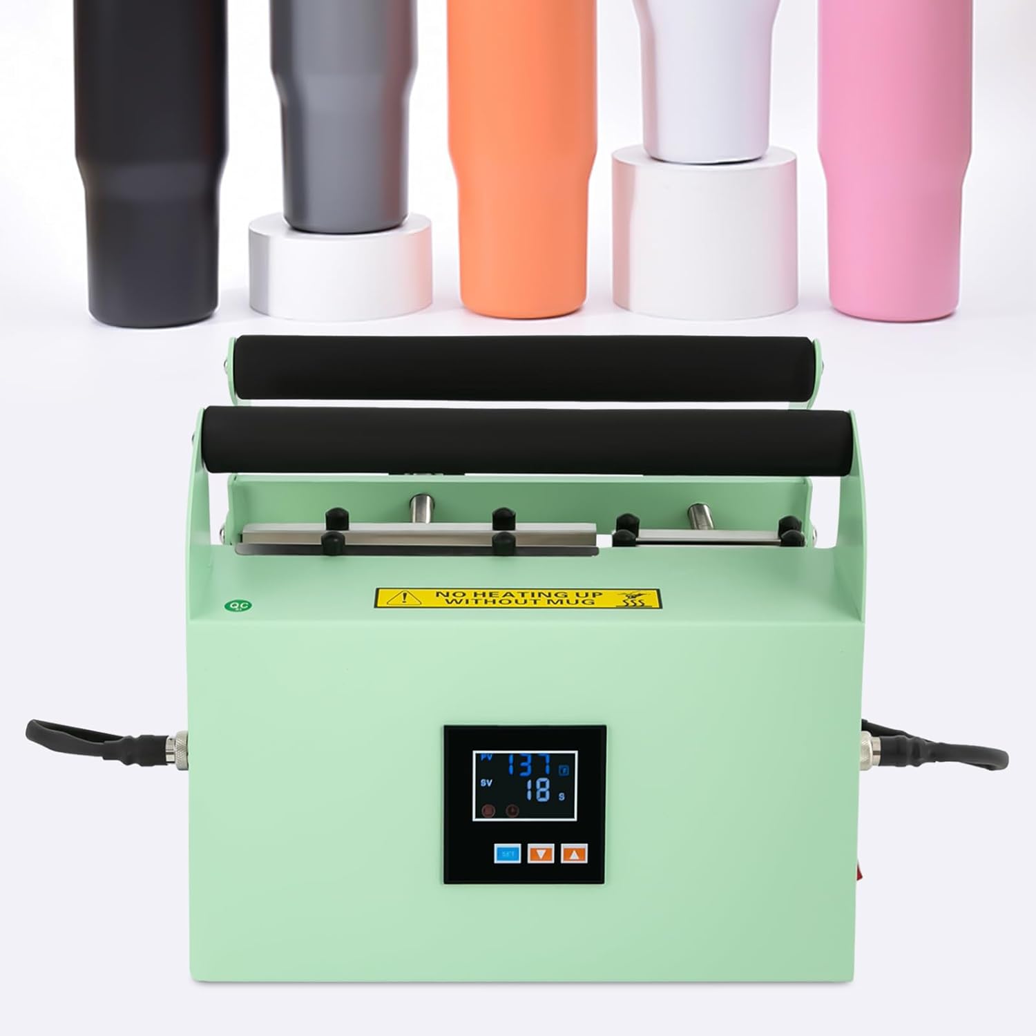 Cup Press Machine, 40 OZ Tumbler Heat Press Machine Adjustable Temperatures & Time, 500W Car Cup Mug Press Heat Machine w/Double Cup Mats for Auto Mugs, Car Cups DIY Heat Transfer (Light Green)