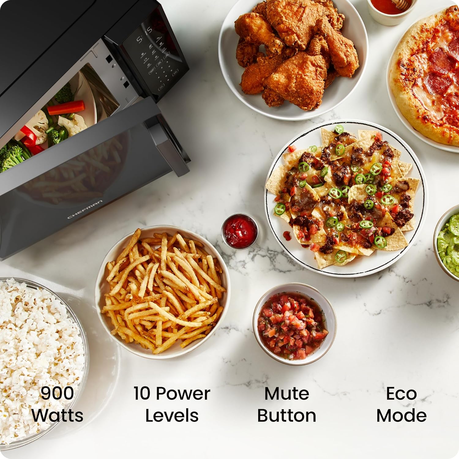 Chefman Countertop Microwave Oven 0.9 Cu. Ft., 900 Watts with 10 Power Levels, 6 Cooking Presets with One-Touch Express Cook, Eco Mode, Child Safety Lock, & Mute Button - Black