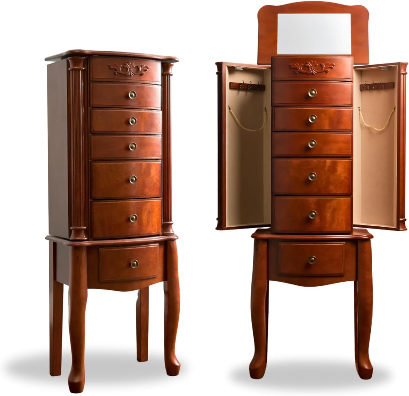 Hives and Honey Amber Jewelry Armoire – Standing Jewelry Organizer with Mirror, 6 Drawers, Side Doors with Necklace Hooks, Anti-Tarnish Felt Lining