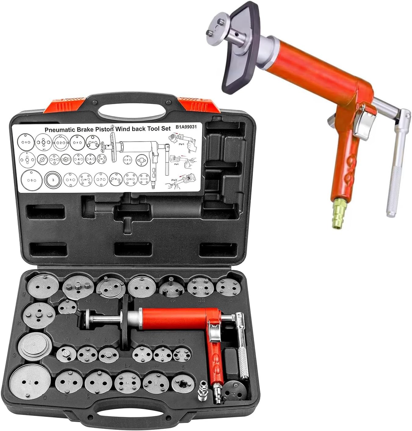 24PCS Pneumatic Brake Caliper Piston Wind Back Compression Spreading Tool Kit for Brake Pad Replacement, Heavy Duty Brake Piston Caliper Compression Tool Set with 22 Adapters Fits Most Vehicles