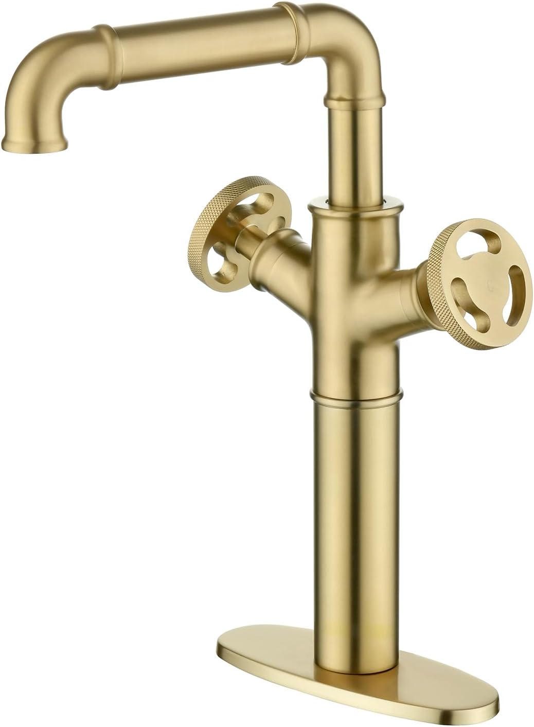 Bathroom Brass Tall Two Handles One Hole Vessel Basin Sink Bowl Mixer Faucet Lavatory Vanity Tap with Deck Plate Fit for 1 or 3 Hole Brushed Gold