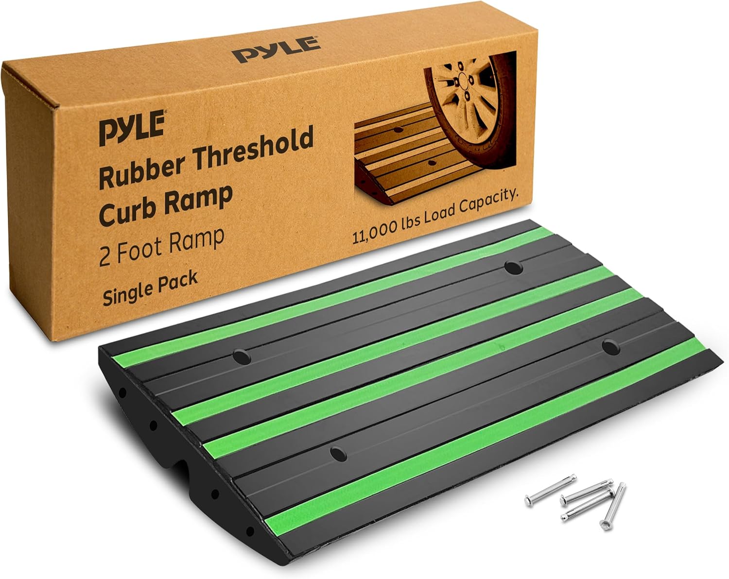 Pyle 2 Ft. Rubber Threshold Curb Ramp Set, Green Reflective Strip for Driveways, Non-Slip Marine Grade Rubber, Pack of 2 Heavy Duty Car Ramps for Trucks, RVs, Forklifts, 24.0’’x 16.0’’ x 2.6’’ Inches