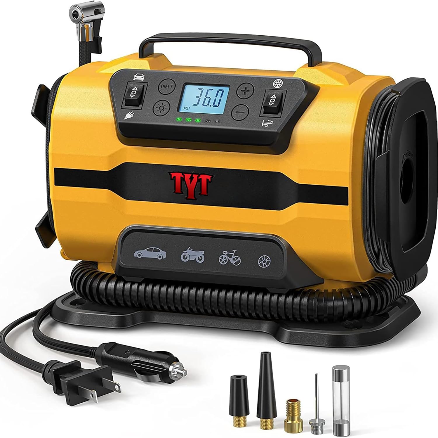 TYT 12V Tire Inflator, Digital Air Compressor with LED Emergency Light, Portable Pump with 9.8Ft Cord for Car Tires, Bicycles & Balloons (Yellow)