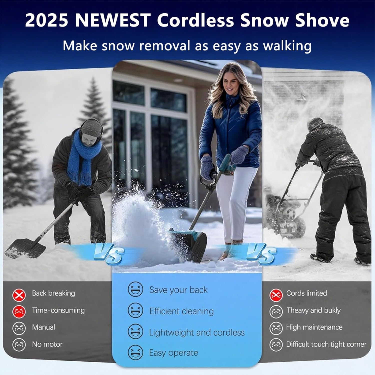Snowplow, Electric Snowplow, Handheld, 30cm Snowplow Width, Suitable for All Surfaces. Adjustable 3-Way Snow Blower, Safety Switch, Easy to Operate, Retractable, Foldable Snowplow Twobatteries
