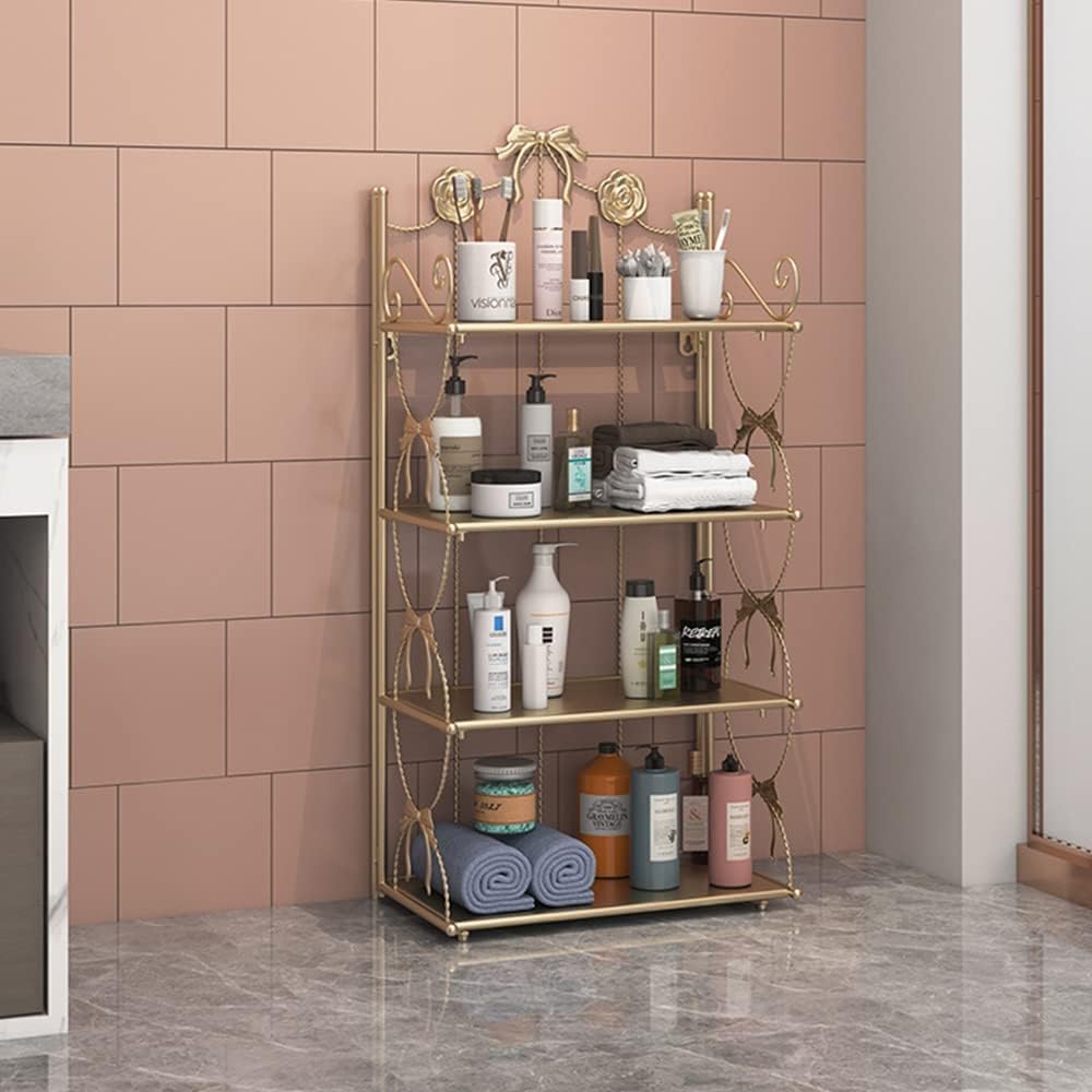 BOOMALTU Cute 4-Tier Folding Metal Shelving Bathroom Shelf,Gold Shelves Bookshelf with Bow Decor and Flowers for Storage and Display in Living Room, Bathroom,Kitchen
