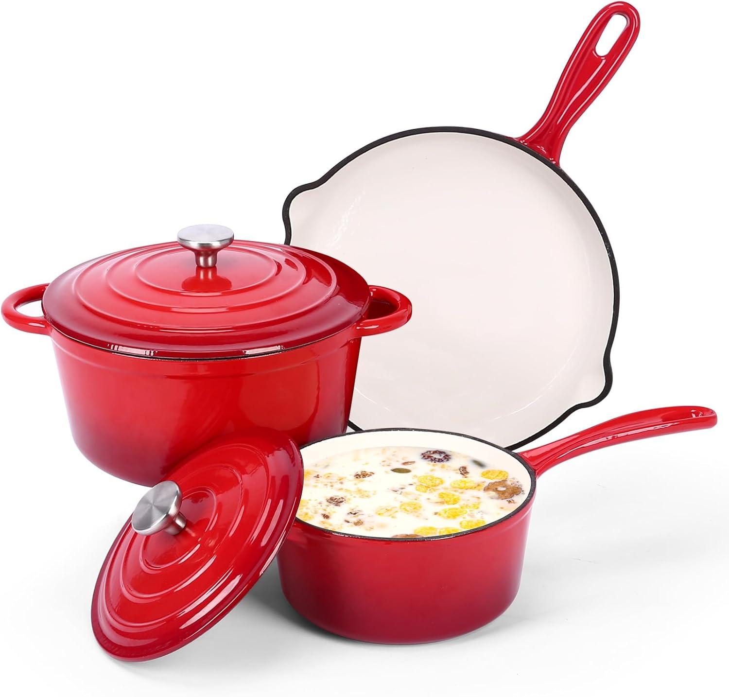 QuliMetal Nonstick Enameled Cast Iron Cookware Set, 5-Pcs Pots and Pans with Lid, Frying Pan Skillet, Sauce Pan, Healthy Round Dutch Oven Pot for Sourdough Bread Baking on All Stovetop, Rouge Red