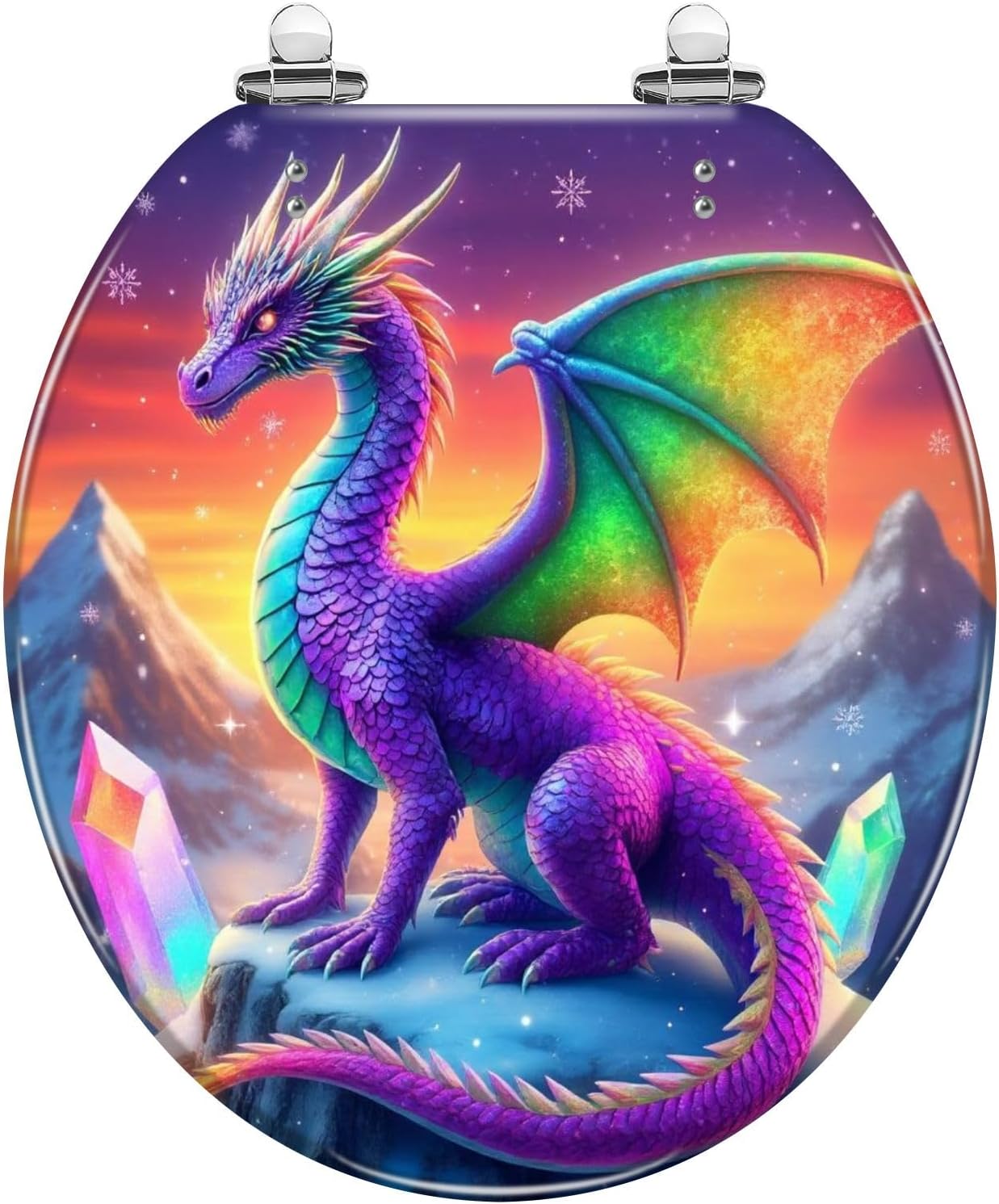 Round Toilet Seat Crystal Dragon Mountains Snow Rainbow Wings Fantasy Bathroom Decor Slow Close Soft Close Strong Stainless Steel Hinges Resin Toilet Seat Replacement Bathroom Accessories