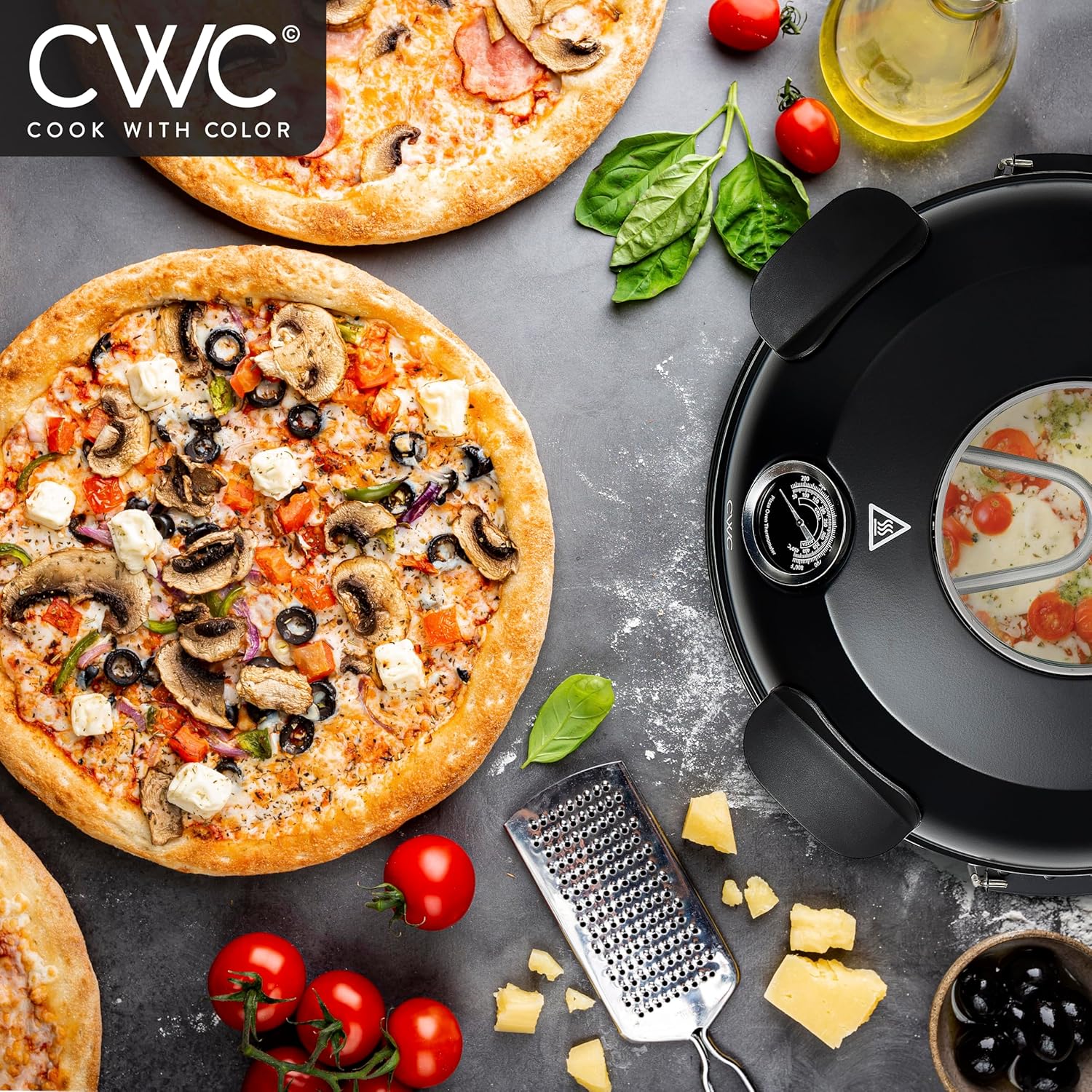 Cook With Color Electric Indoor Pizza Oven – Crispy Crust Countertop Pizza Maker, Heats up to 800˚F, 12 Inch Ceramic Stone, Dual Temperature Control Knobs, Bamboo Peel Included, Black