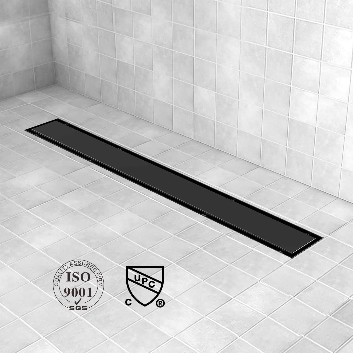 Linear Shower Drain, 60 inch Black Drain with Tile Insert 2-in-1 Panel, Brushed 304 Stainless Steel Shower Floor Drain, Linear Drain with Hair Strainer and Adjustable Feet