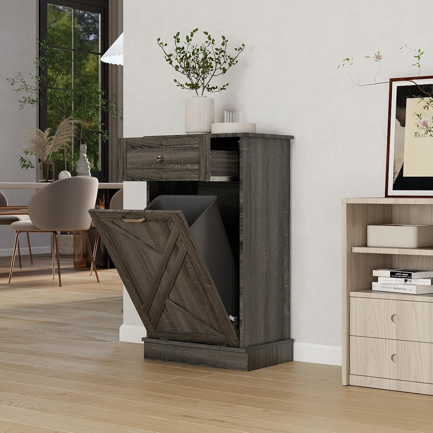 Tilt Out Trash Cabinet-Free Standing Kitchen Waste Bin-Wooden Recycling Trash Cabinet with Drawer-White