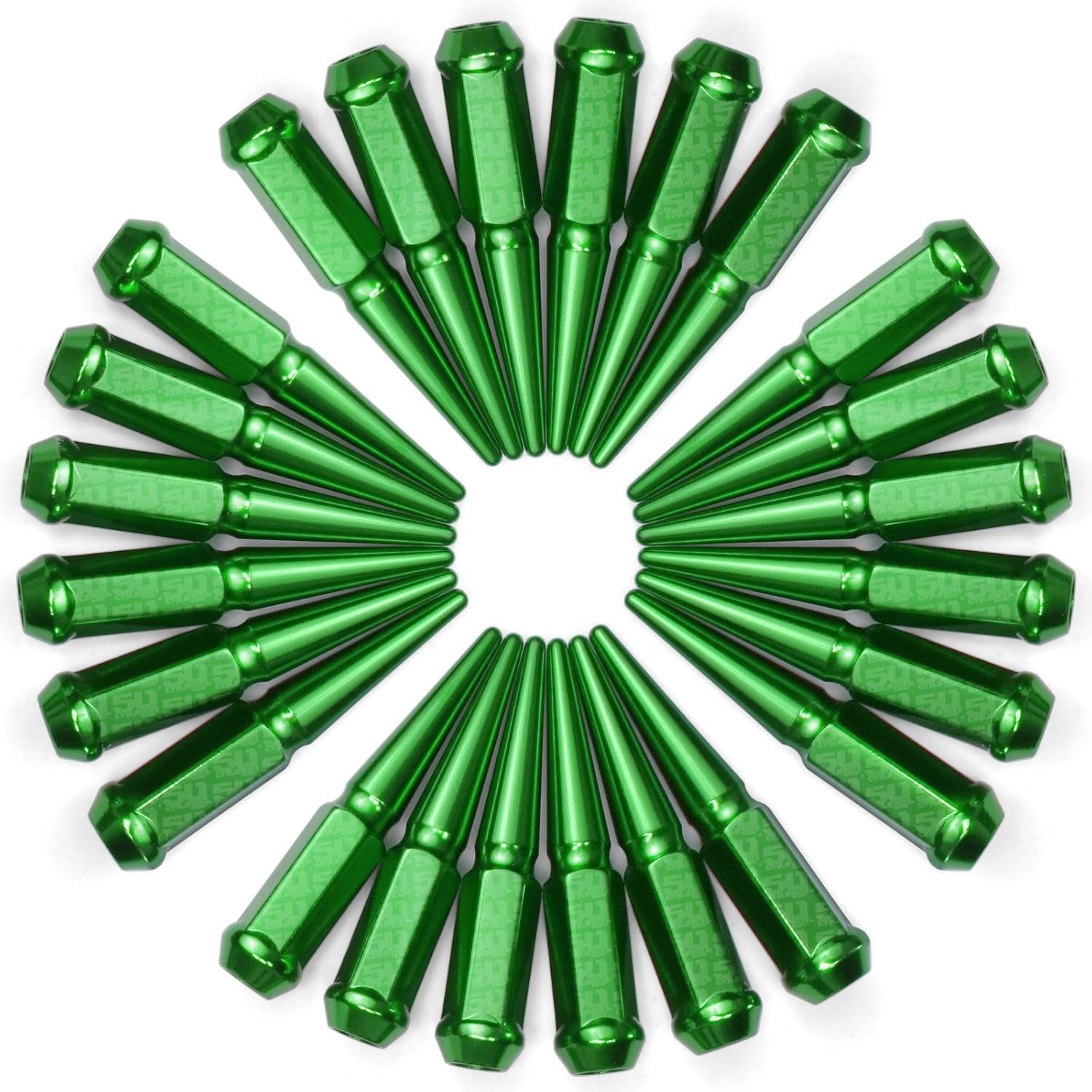Set of 24 Green Spiked Lug Nuts - 12 x 1.5mm RH Thread Pitch - Fits Buick, Cadillac, Chevrolet, Chevy, Chrysler, Dodge, Ford, GMC, Honda, Hummer, and More! [5296B18]