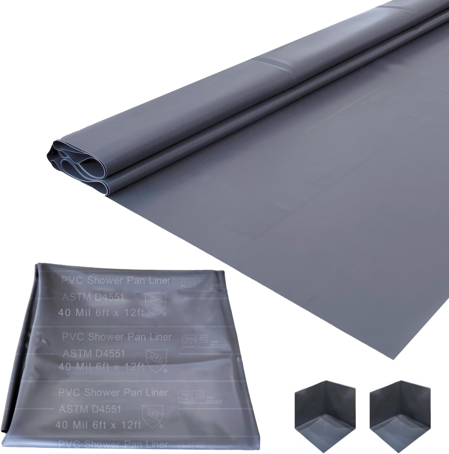 SINGFORM 40 mil Thickness 6' x 12' Shower Pan Liner with 2 Corner Dams | PVC Waterproofing Membrane Shower Pan & Base Sheet for Bathroom and Kitchen, Utra Durable, Grey