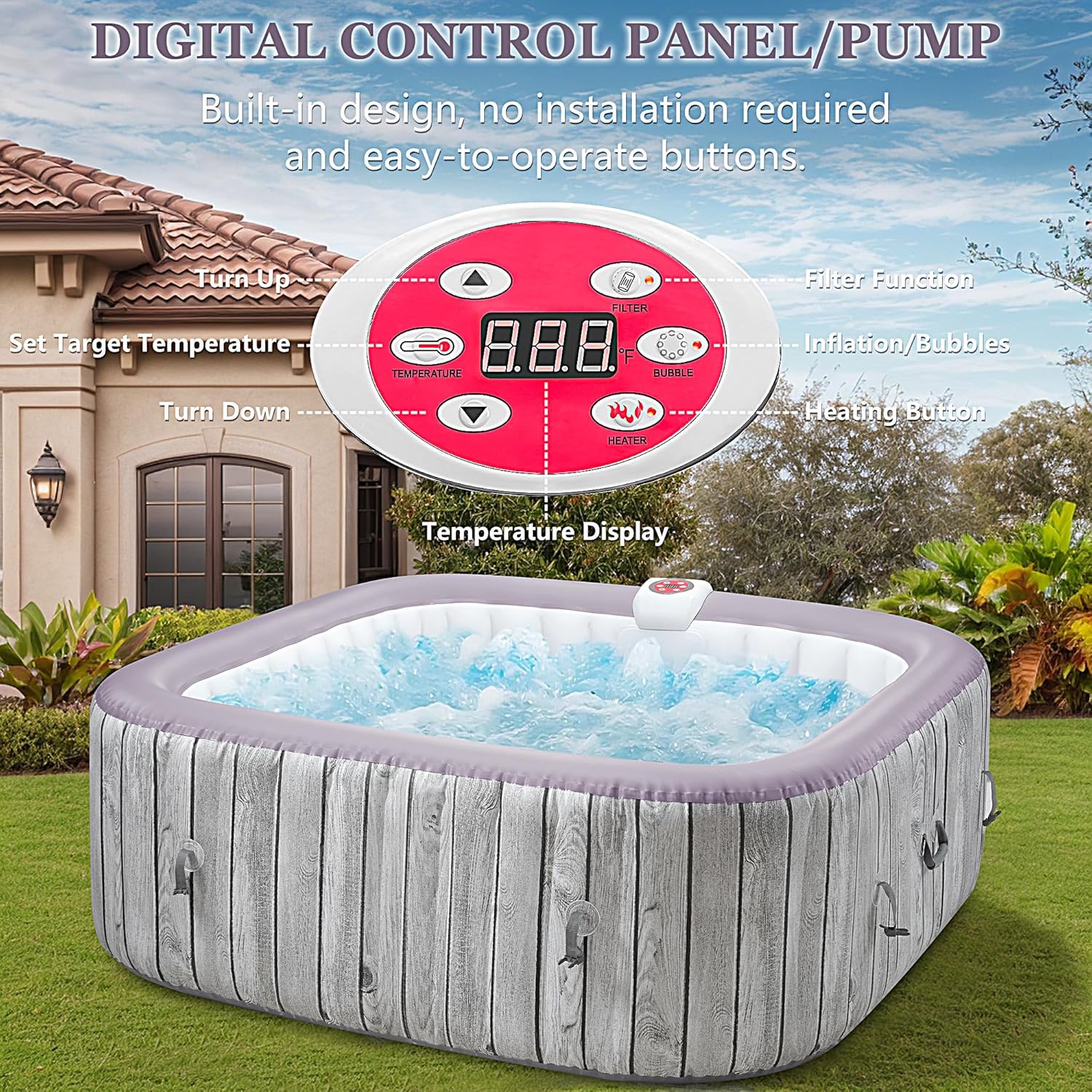 Seizeen 4-6 Person Inflatable Hot Tub, Portable Outdoor Spa Square Hot Tub with 130 Soothing Bubble Jets, Insulated Cover and 6 Filters, Max 104℉ Blow Up Hot Tubs for Home Backyard (Wood Grain)