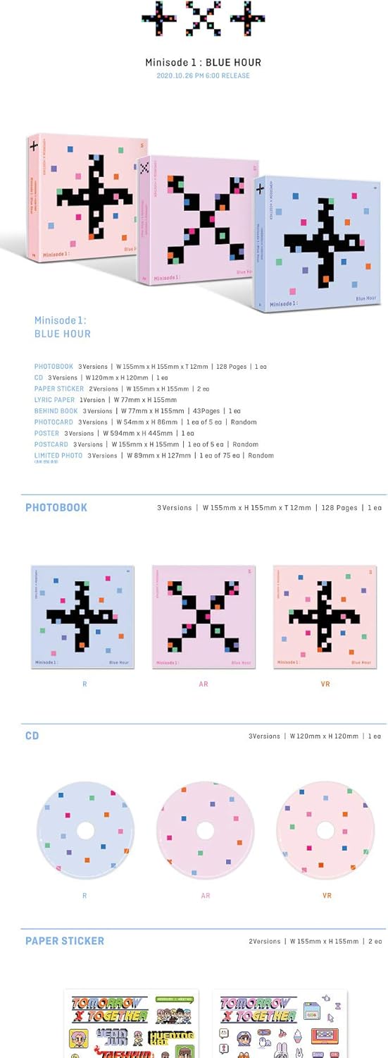 TXT Minisode 1 : Blue Hour 3rd Mini Album 3 Version SET CD+128p PhotoBook+2p Sticker+Lyric Paper+43p Behind Book+1p PhotoCard+1p PostCard+Tracking Sealed