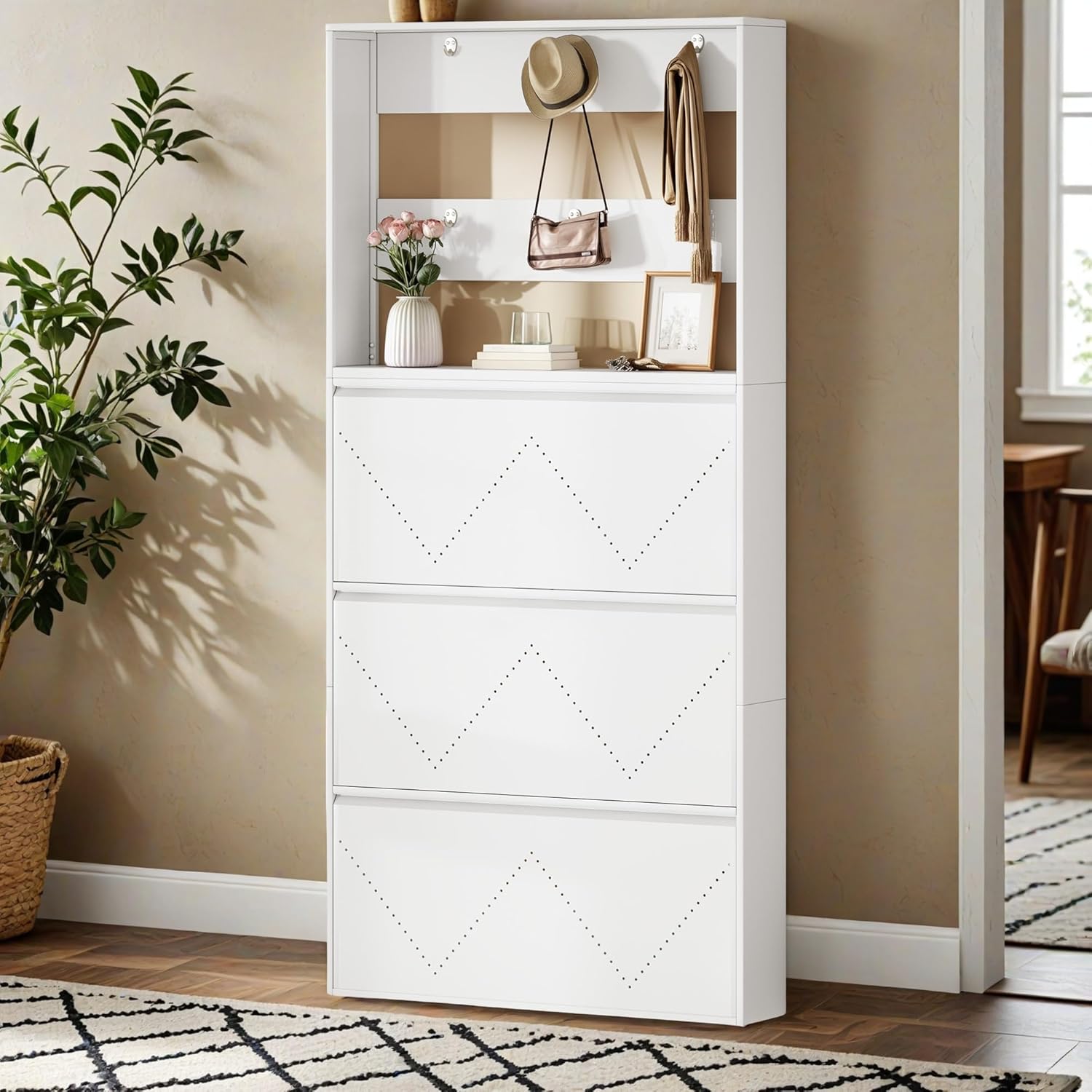 DWVO Metal Shoe Cabinet with Coat Rack, Wall Mounted Shoe Cabinet with 3 Flip Drawers, Entrance Hidden Slim Shoe Organizer Cabinet, Shoe Rack Storage Cabinet for Entryways, Hallways, White
