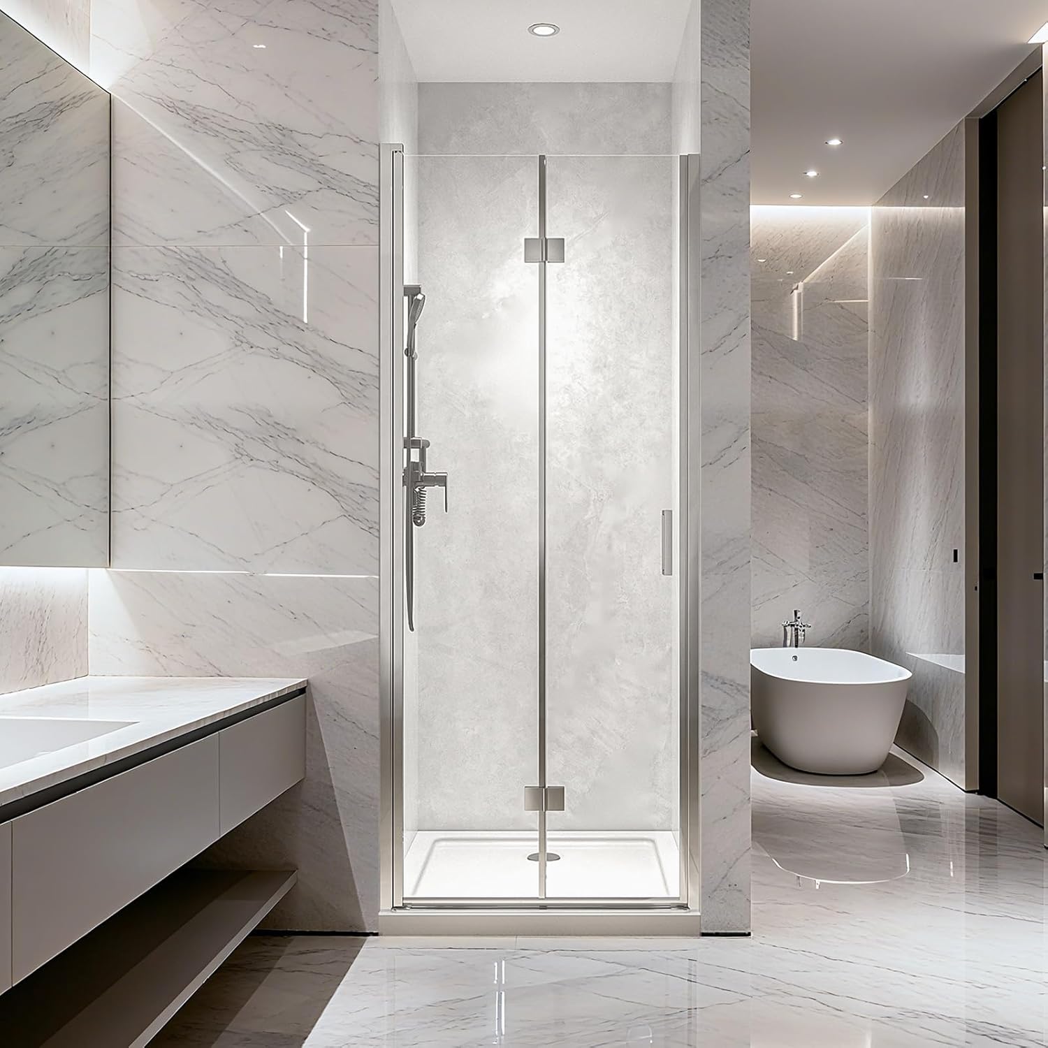 30x72-inch Frameless Double-Fold Shower Door Hinged Tempered Glass with Chrome-Plated Hardware Reversible Installation for Bathrooms Easy Installation (Chrome, 30 * 72