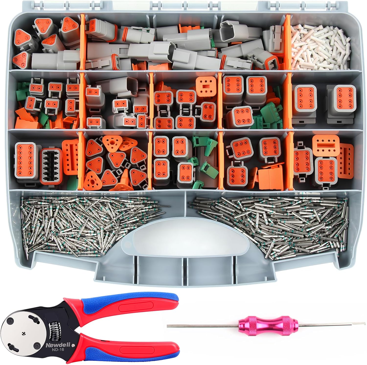 Newdeli 338 pcs Deustch Connector Kit 2 3 4 6 8 12 Pin Connectors with Deutsch Crimping Tool and DT Connector Removal Tool Size 16 Solid Terminal Contacts(14-20AWG)