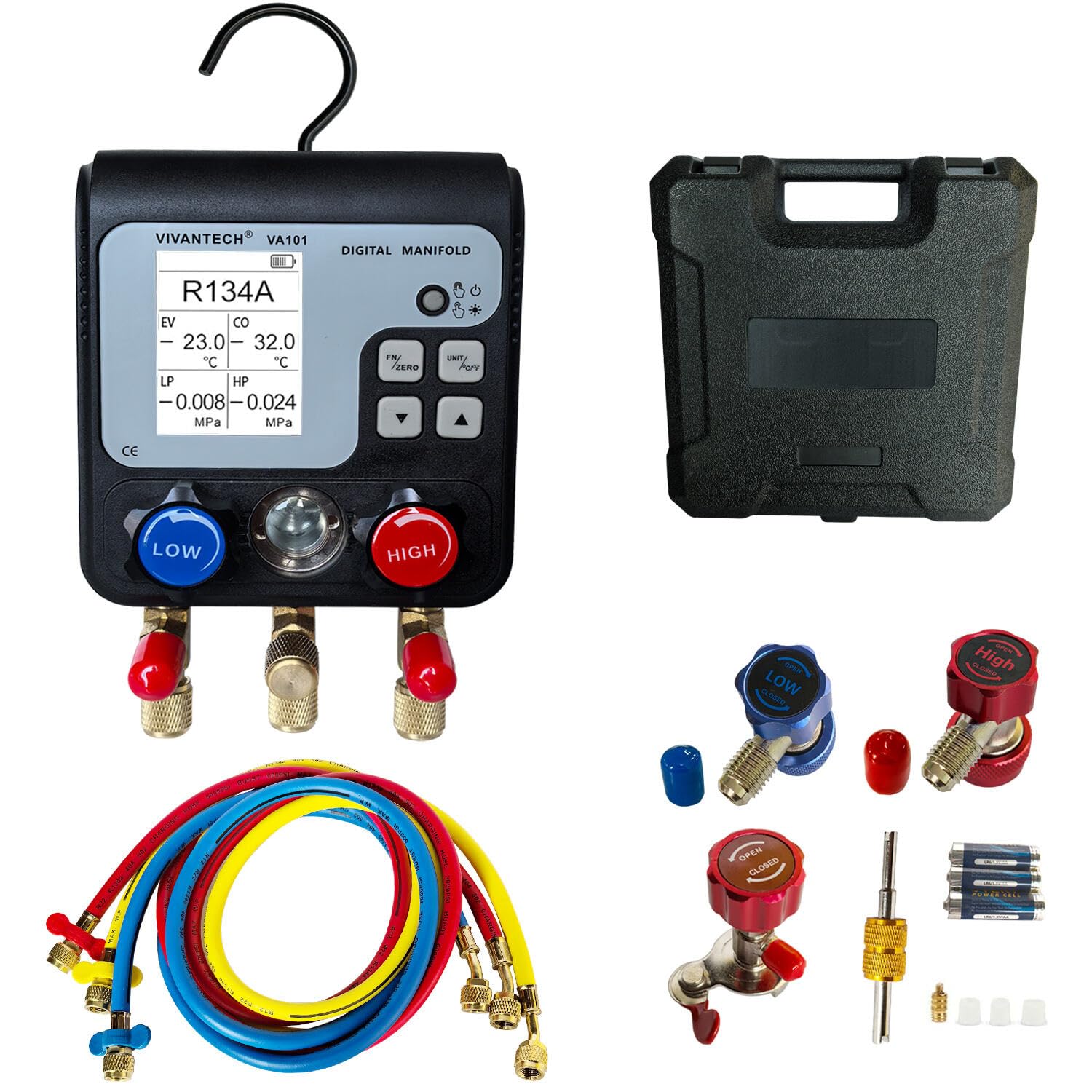 HVAC Digital Manifold Gauge Set - 3-in-1 AC Manifold for Refrigerant Charging, Vacuum Testing & Leak Detection, Diagnostic Tool w/LCD Display (Supports 92 Refrigerant Types)