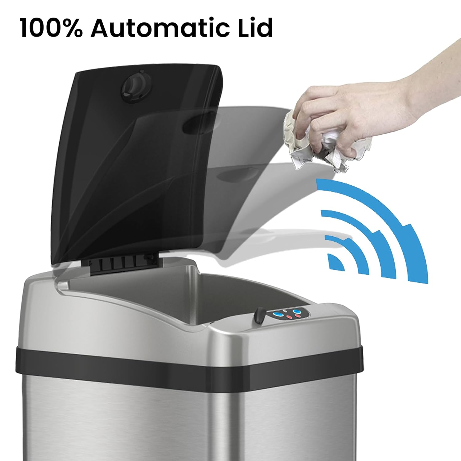 iTouchless Touchless Trash Can with AC Adapter, 3 Odor Filters Big Lid Opening Sensor Kitchen Garbage Bin, 13 Gallon, Stainless Steel, Platinum