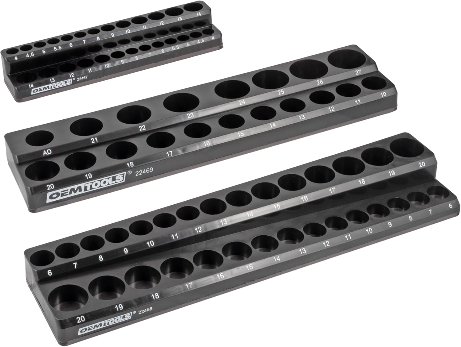 OEMTOOLS 22488 6 Pack Set Metric and SAE Magnetic Socket Tray Set, Black and Green Socket Organizers, 1/4, 3/8, 1/2 Inch Drive Socket Organizer Tray Set