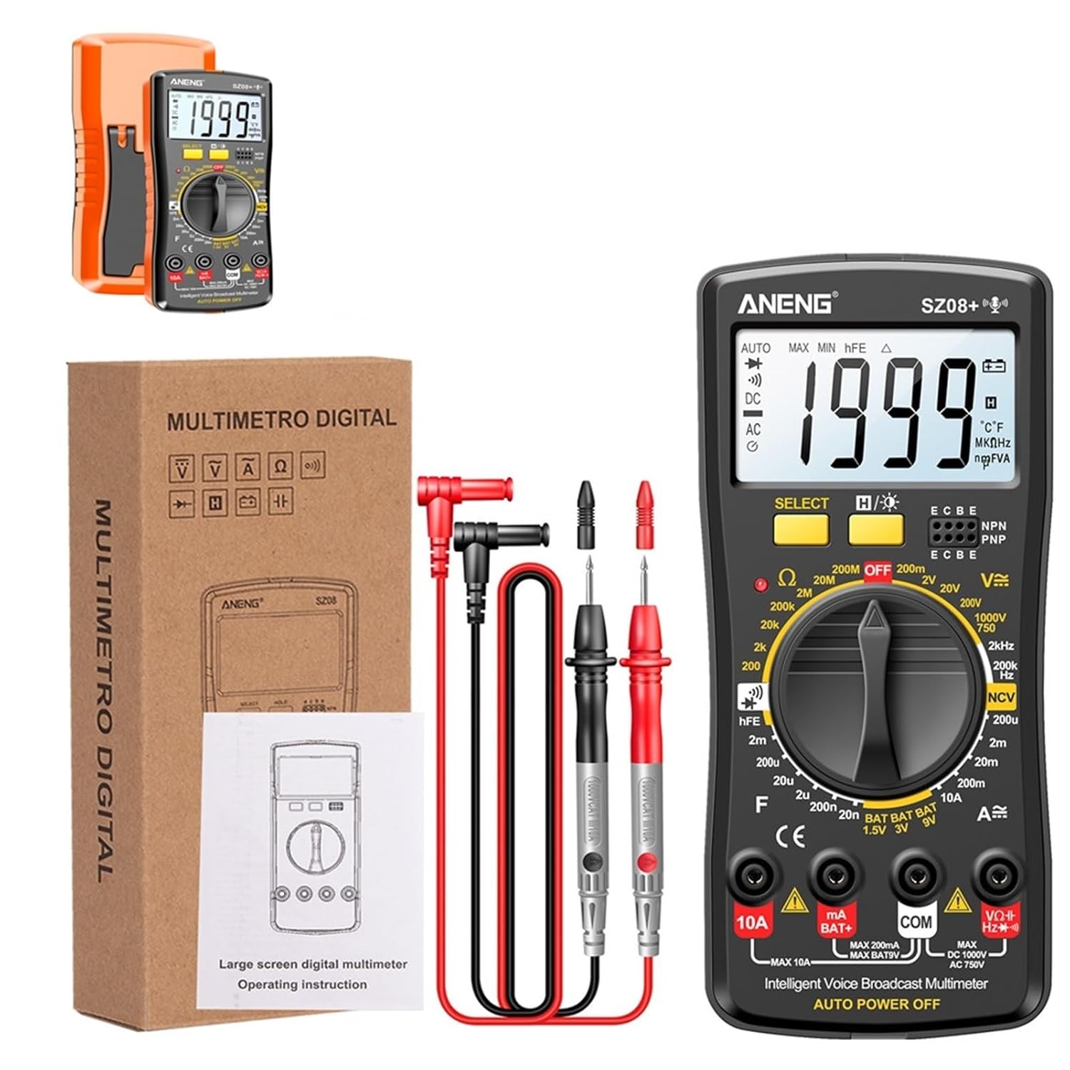 SZ08+ Intelligent Broadcasting Multimeter AC/DC Current Meter Hz hEF Capacitance Meter Professional Electrician Tool(Orange)