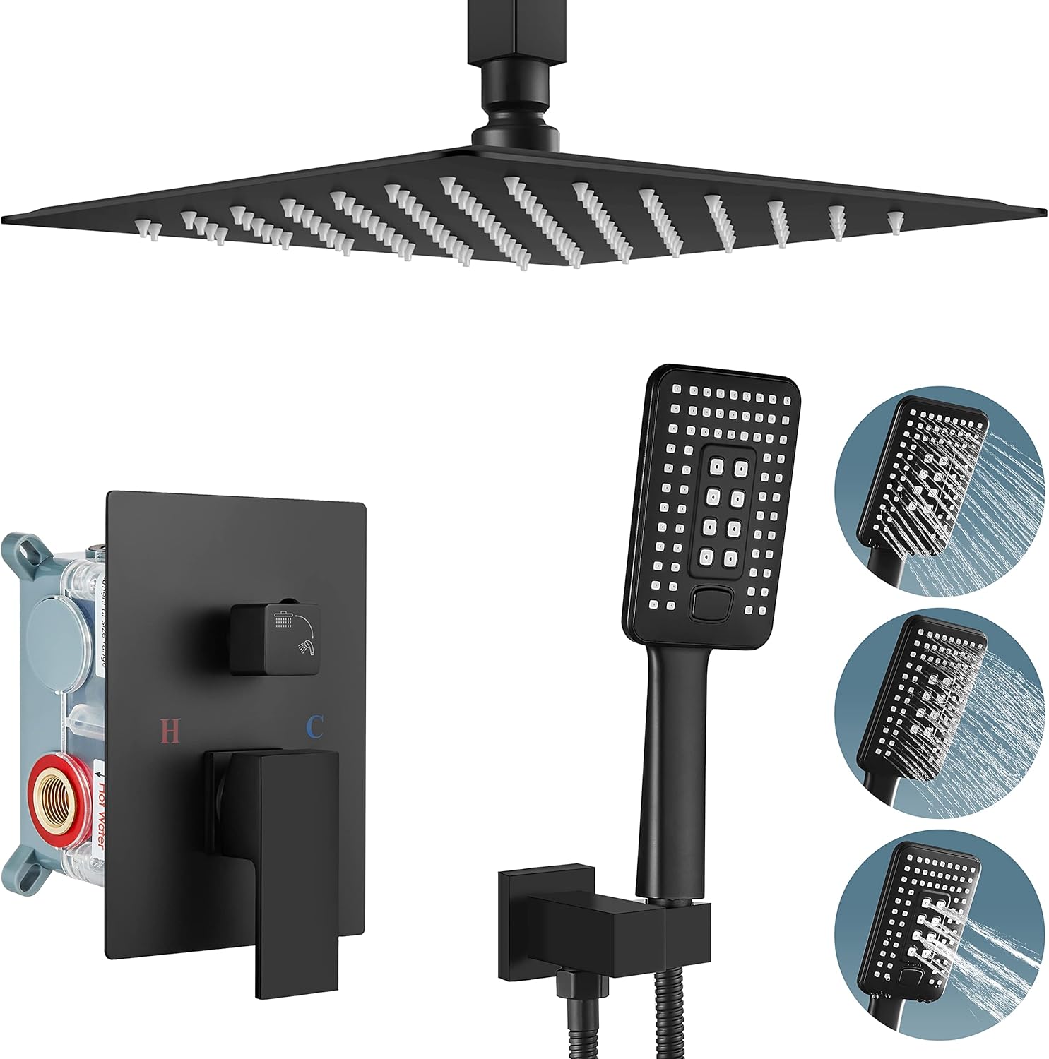 Aolemi Ceiling Mount Shower System with ABS 3 Functions Handheld Spray Luxury High Pressure Shower Faucet Set Rough-in Valve and Shower Trim Kit Included Bathroom Matte Black 12 Inch Shower Head