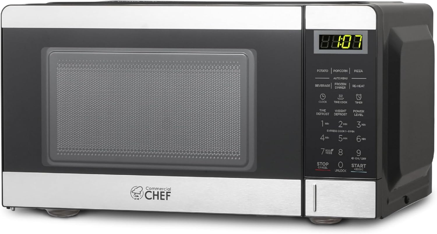 COMMERCIAL CHEF 0.7 Cubic Foot Microwave with 10 Power Levels, Small Microwave with Pull Handle, 700W Countertop Microwave up to 99 Minute Timer and Digital Display, Black