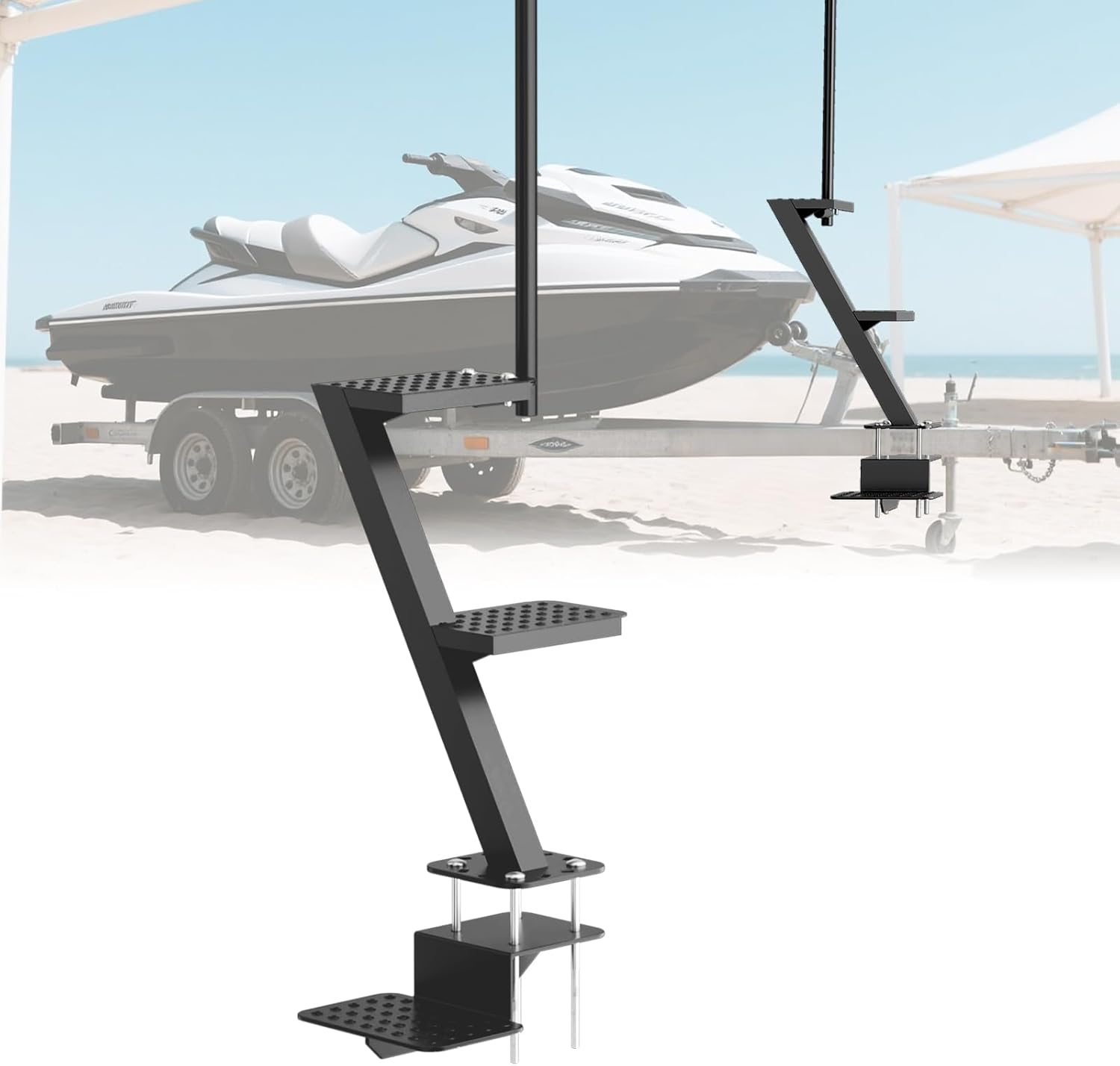 Boat Trailer Tongue 3 Steps Heavy Duty, Non-Slip Boat Trailer Step Ladder with Safety Grab Handle 500 lbs Capacity