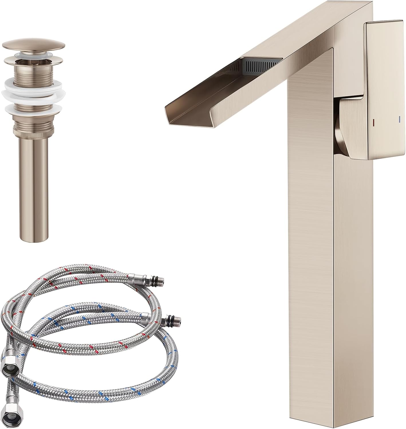 Brushed Nickel Waterfall Vessel Sink Faucet, AUU Modern Single Handle Bathroom Sink Faucet Tall Bowl Basin Faucet Single Hole with Pop up Drain Assembly Supply Line