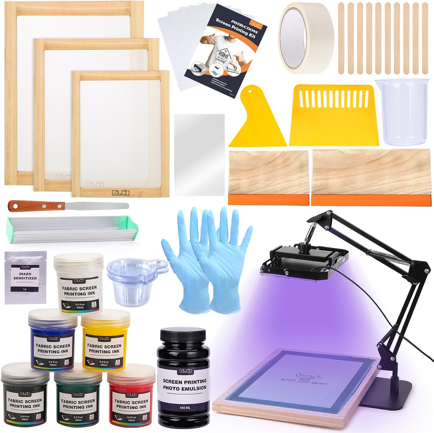 Caydo 57 Pieces All-in-One Screen Printing Kit with 3 Sizes Wood Screen Printing Frames, 15 A4 Size Inkjet Transparency Films, 6 Colors Screen Printing Ink, Photo Emulsion, Squeegee and Scoop Coater