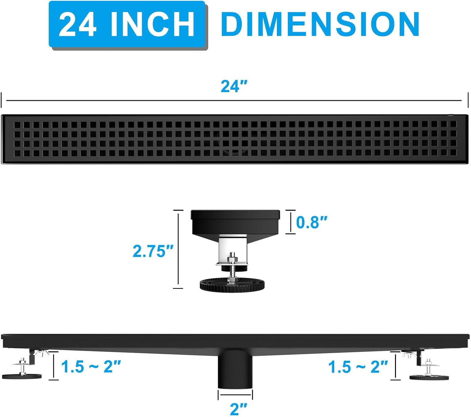 36 Inch Black Linear Shower Drain, Rectangular Shower Floor Drains with Square Hole Cover, 304 Stainless Steel Linear Drain with Leveling Feet, Hair Strainer (Matte Black)