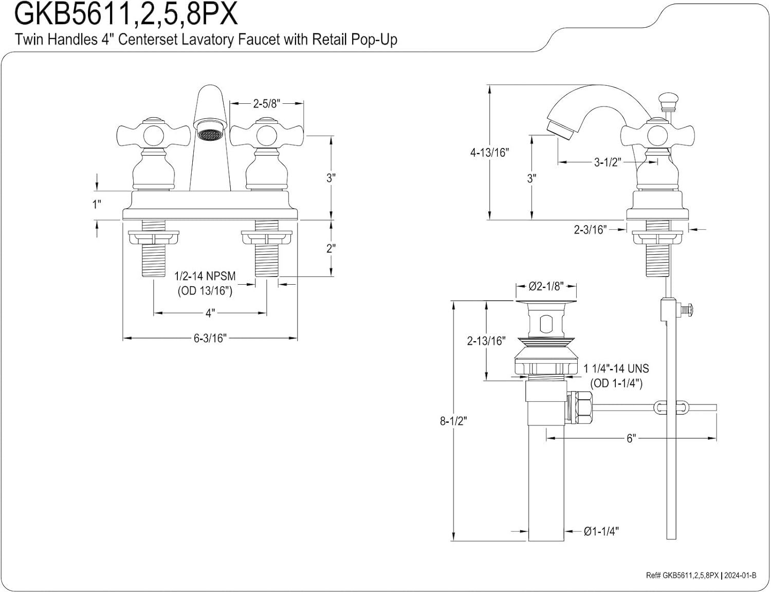 Kingston Brass GKB5612PX Restoration 4-Inch Centerset Bathroom Faucet with Retail Pop-Up, 3-5/8