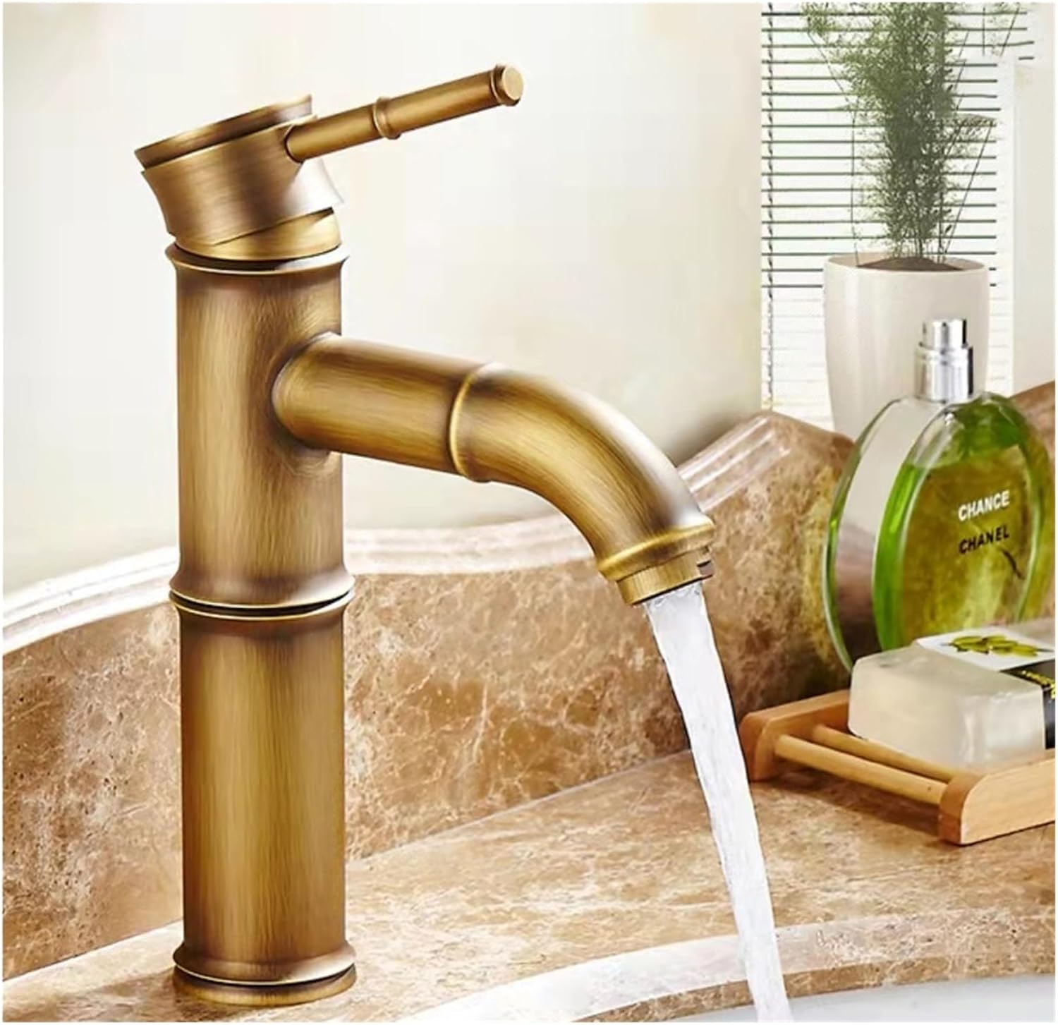 Basin Antique Brass Bamboo Bronze Finish Sink Tall Faucet Single Handle Hot and Cold Mixer (Color : Gold Short Style3)