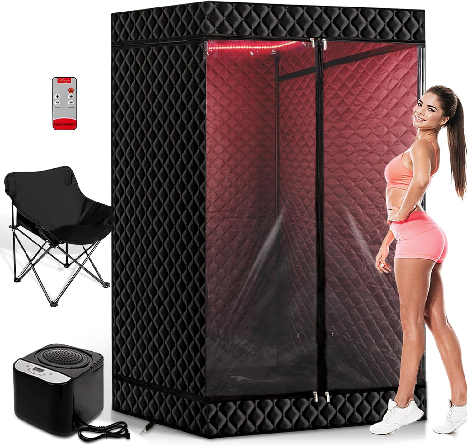 PEEKO Red Light Collapsible Fridge Sauna Box for Relaxation,Detoxification,Portable Steam Sauna for Home with XL Steamer,16 Levels, 75”x 40”x40”，Double Doors，Larger Folding Chair, Gym-Black，