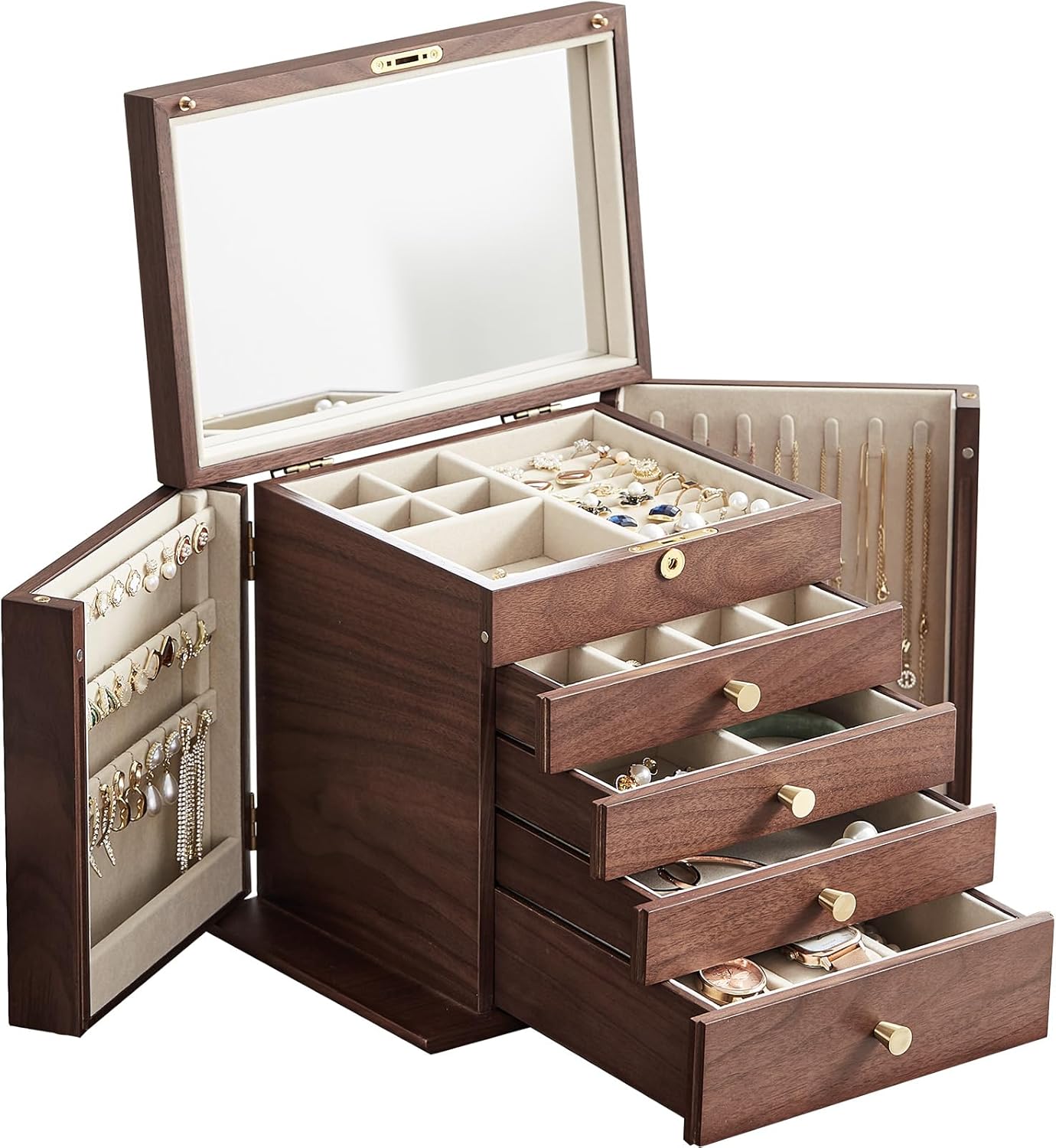 CHOSIN Black Walnut Wooden Jewelry Box for Women with Mirror, 5 Drawers and 2 Side Doors for Watches, Necklaces, Rings, Earrings Storage Gifts