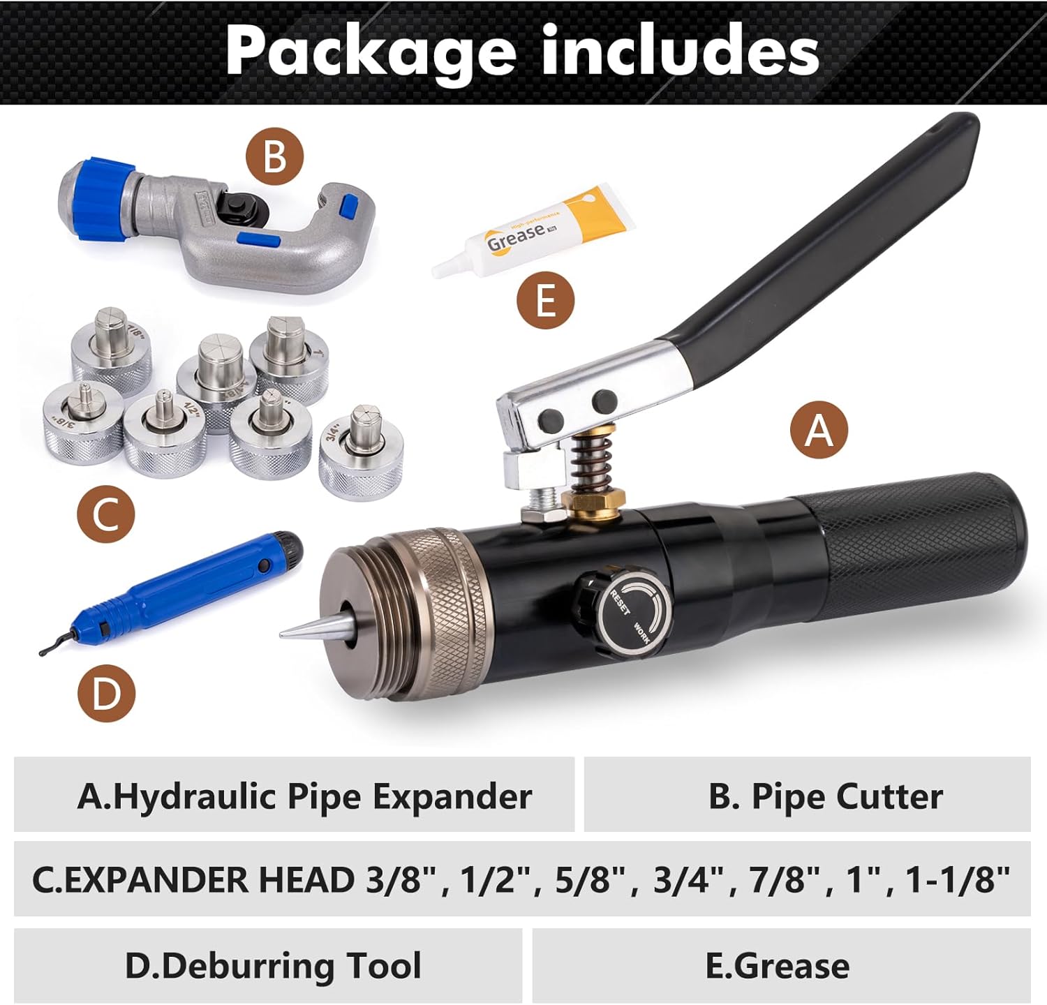 HVAC Swaging Tool Kit – Hydraulic Tube Expander for Copper Pipes, Compact Swage Tool with Tube Cutter, Deburring Tool & 7 Expander Heads (3/8”–1-1/8”) – Black
