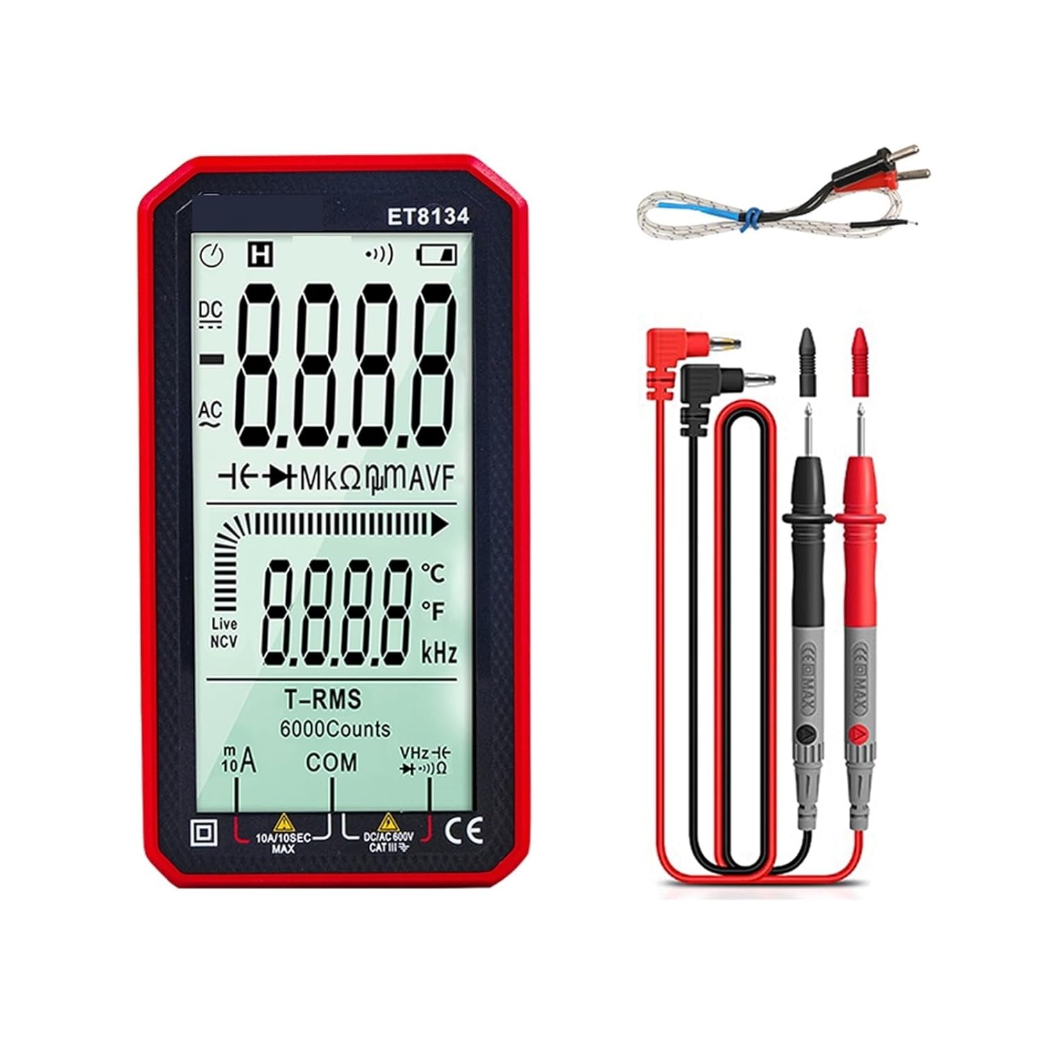 ET8134 True RMS Digital Multimeter 4.7 Inches Large Screen+ Manual Measure DC/AC Resistance Diode Test(Red)