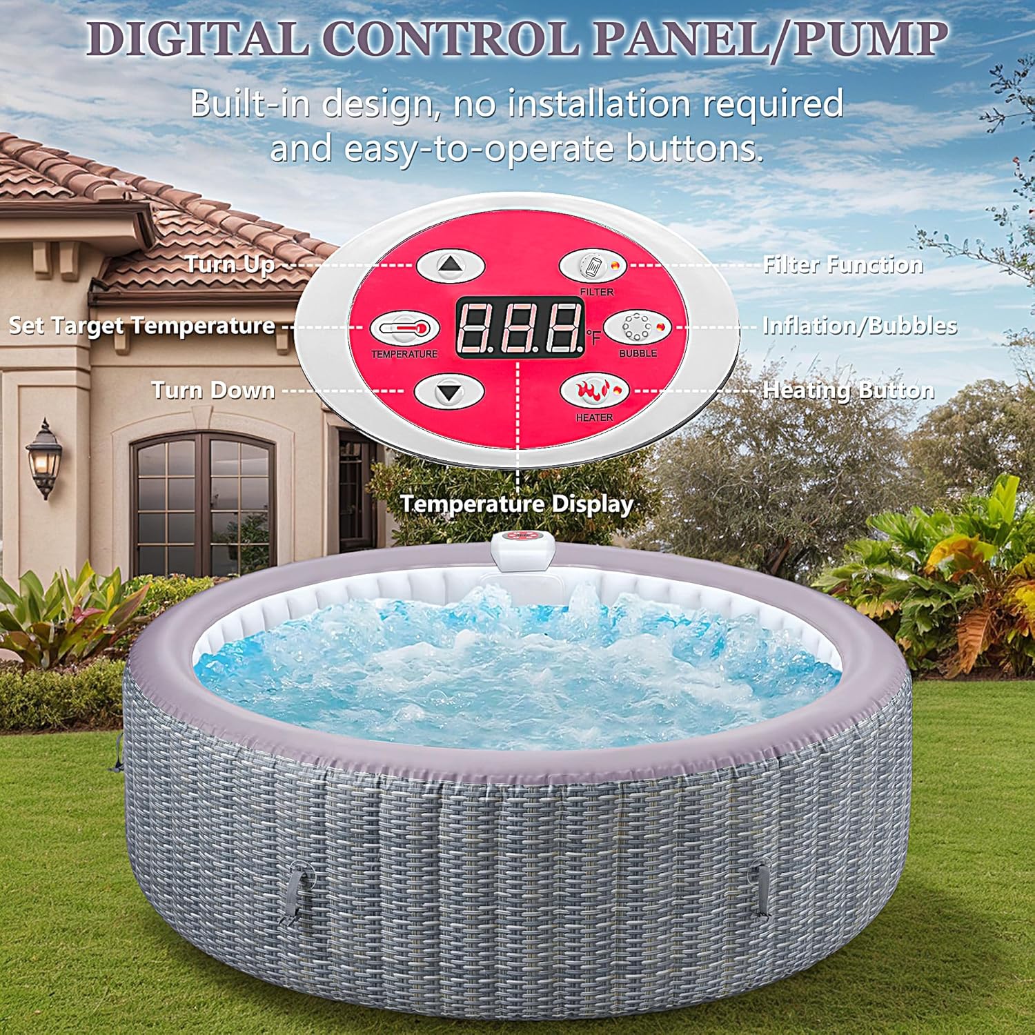 Seizeen 4-6 Person Inflatable Hot Tub, Portable Outdoor Spa Square Hot Tub with 130 Soothing Bubble Jets, Insulated Cover and 6 Filters, Max 104℉ Blow Up Hot Tubs for Home Backyard (Wood Grain)