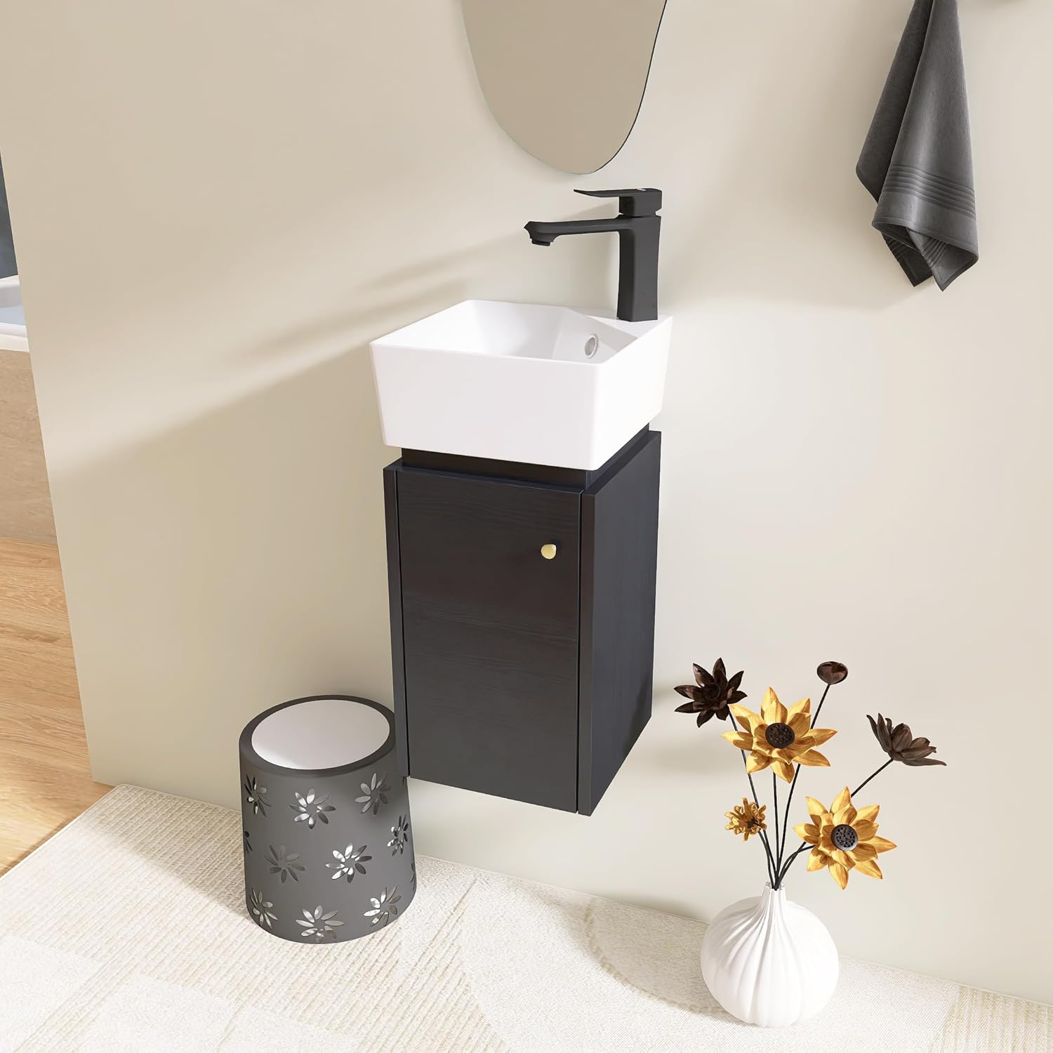 12 Inch Floating Bathroom Vanity, 12'' Wall-Hung Vanity with Sink, Wall Mount Bathroom Vanities for Small Spaces, White Ceramic Basin & Soft-Closed Door​​, Metal Handle, Black
