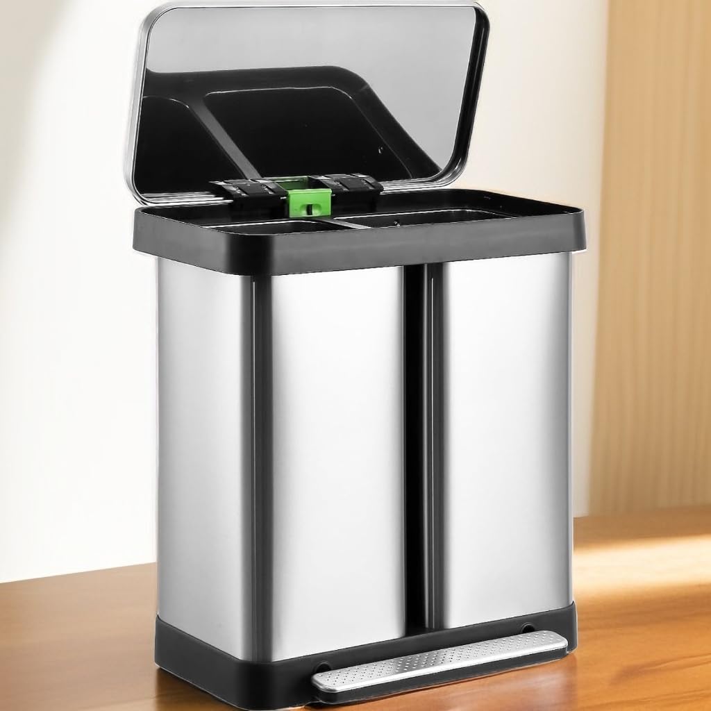 19 Gallon/72 L Dual Compartment Trash Can, Stainless Steel Garbage Can with Soft-Close Lid for Kitchen, Office, Without Removable Inner Bucket