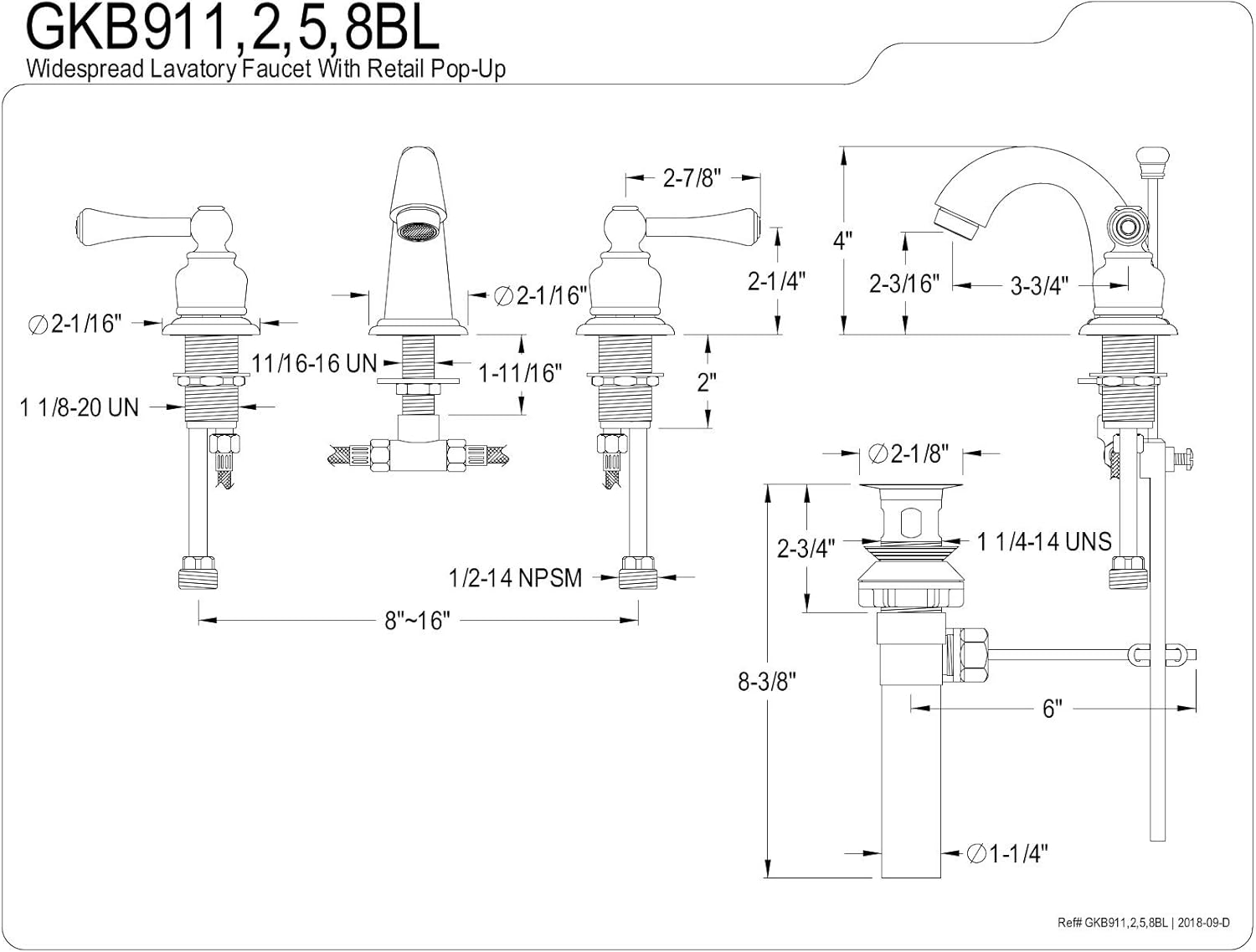 Kingston Brass GKB918BL Vintage Widespread Bathroom Faucet with Retail Pop-Up, 8 x 4 x 2.06, Brushed Nickel
