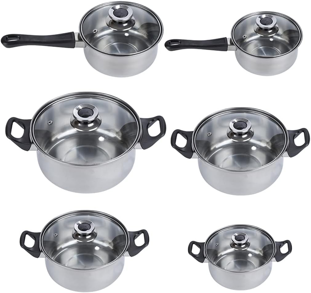 6 Pots 12 Piece Stainless Steel Pots And Pans Casserole Pot Cookware Set With Glass Lid