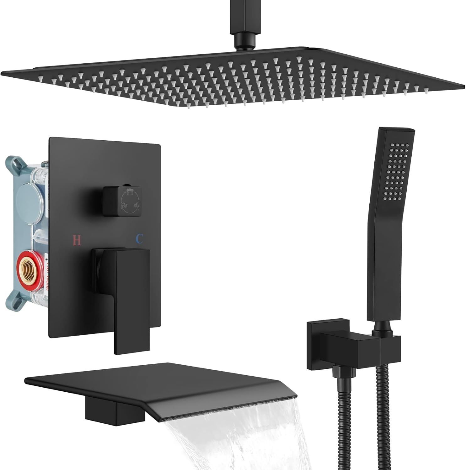 gotonovo Shower System with Tub Spout Ceiling Mount Shower Faucet Set Rain Shower Head and Handheld Combo with Waterfall Bathtub Spout Rough-in Valve Kit Included 16 inch Shower Head Matte Black