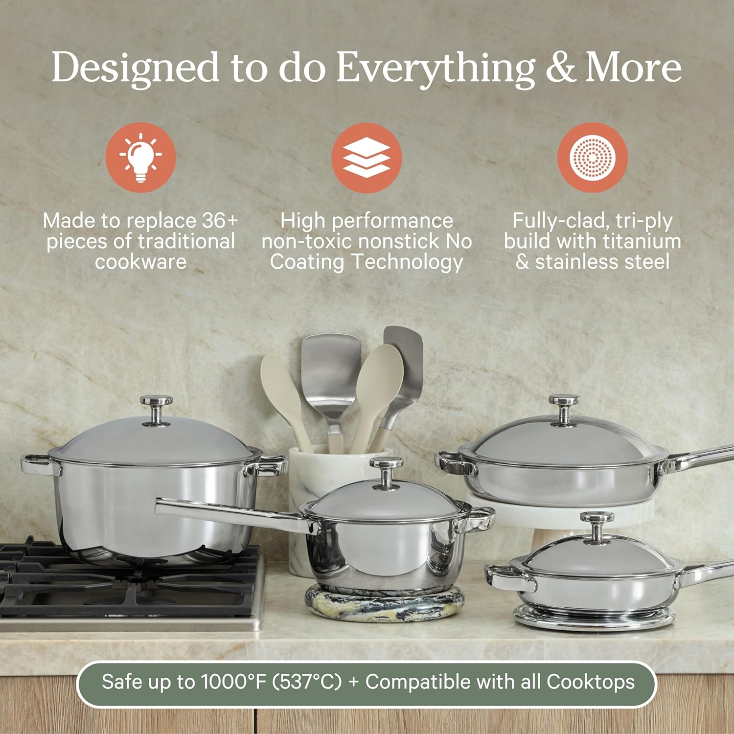 Our Place Titanium Pro Cookware Set (4-Piece) – Always Pan & Perfect Pot | Nonstick No-Coat Technology | Tri-Ply Titanium & Stainless Steel | Safe for Oven, Induction & Cooktops up to 1000°F | Chrome