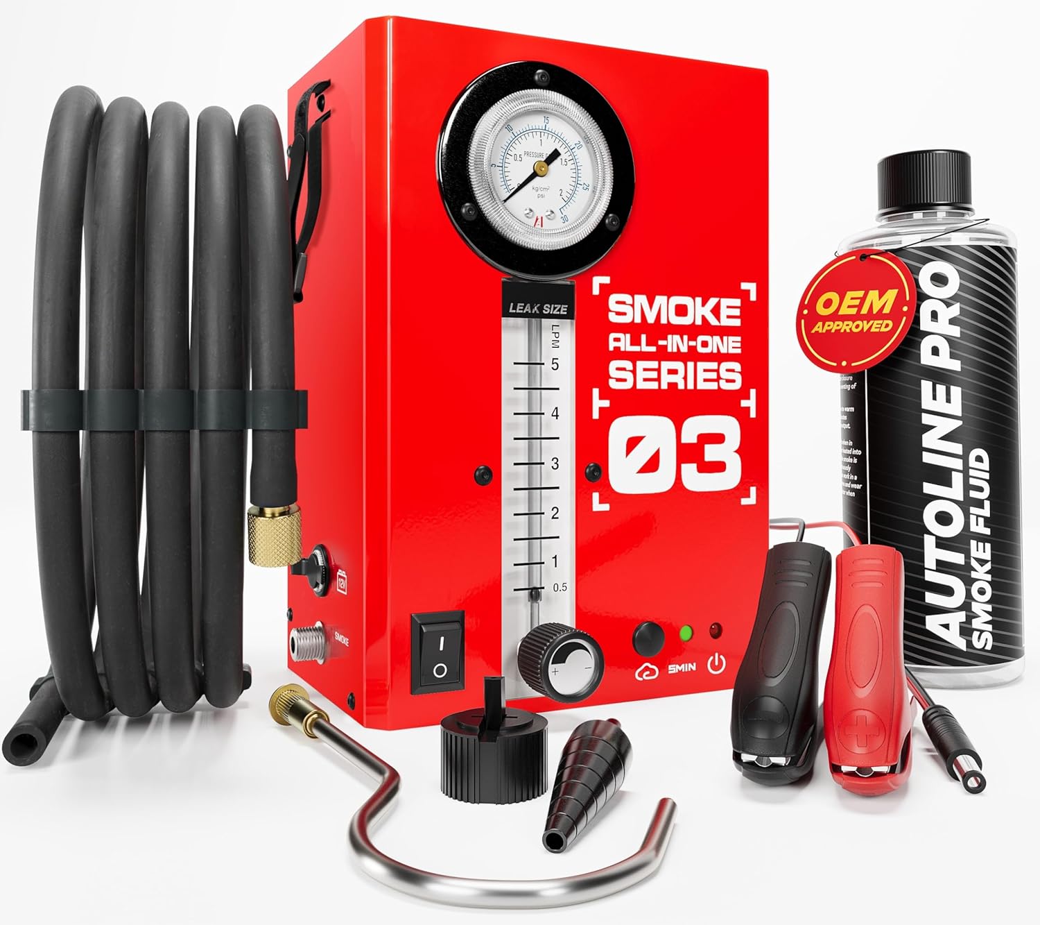 Automotive Leak Tester With Built-in Air Motor and Pressure Gauge - Model 03 - Exhaust Smoke Detector Tools Kit - Car Smoke Machine With Flow Meter and Best Ranked Fluid for EVAP
