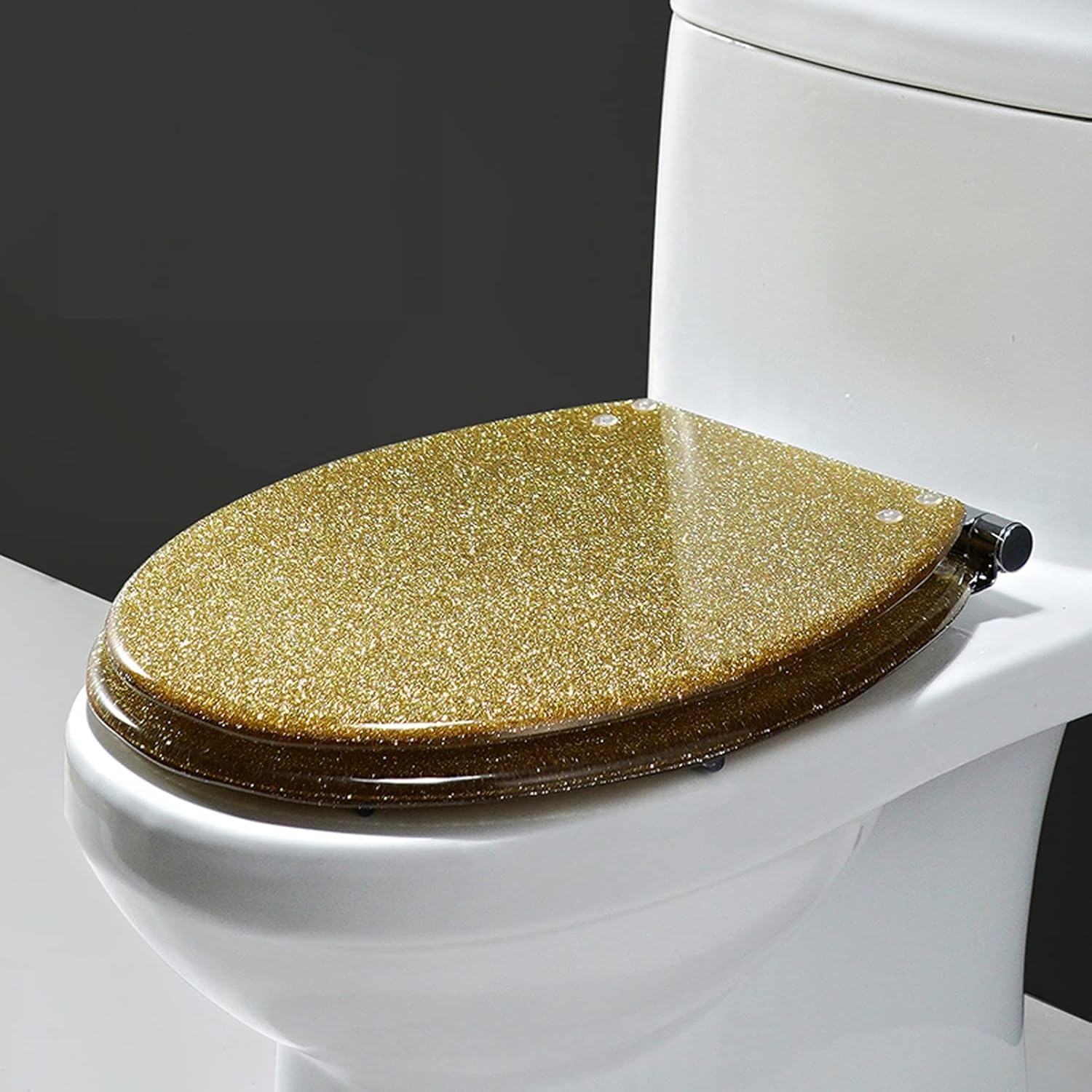 Glitter Slow Close Round Toilet Seats with Cover, Durable Resin Glitter Toilet Seat,Universal Quiet-Close Toilet Lid(Gold)