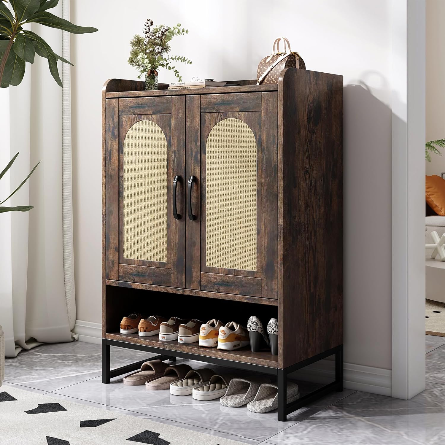 Shoe Cabinet Storage for Entryway, Wooden Shoe Cabinet with 2 Rattan Doors and Adjustable Shelves, Tall Shoe Rack Cabinet for Hallway, Living Room, Modern (White)