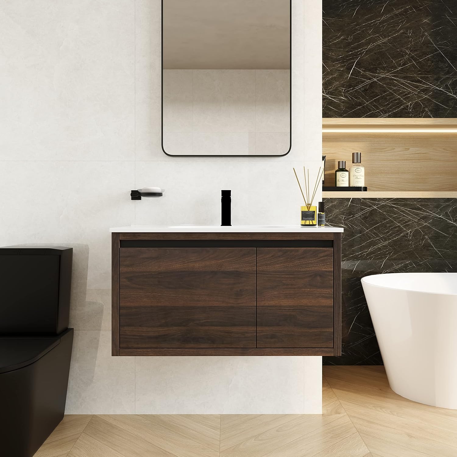 36 Inch Bathroom Vanity with Sink,Wall Mounted Bathroom Vanity Sink Combo w/Soft Close Door&Draw for Large Space,Modern Floating Bathroom Vanity w/Top Basin & Storage Cabinet,Brown